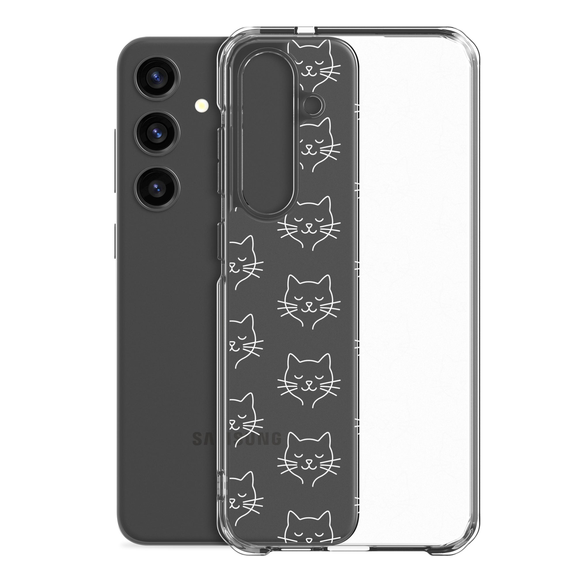 Phone Case for Samsung Galaxy showcasing a cute cat face pattern, clear design accentuating the phone's natural color.