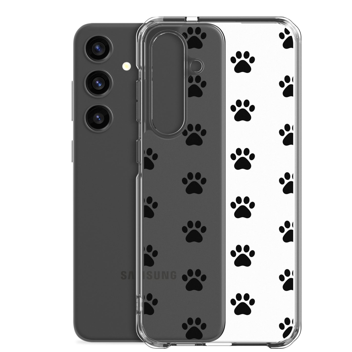Phone Case for Samsung Galaxy with playful paw print pattern on a transparent background.