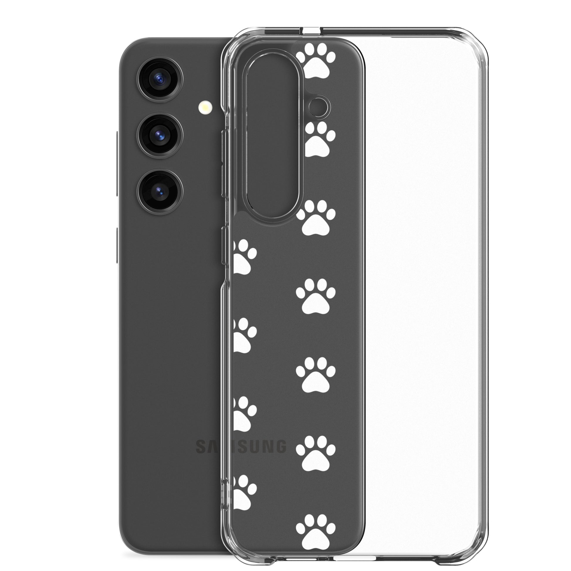 Phone Case for Samsung Galaxy featuring a playful paw print pattern on a transparent design.