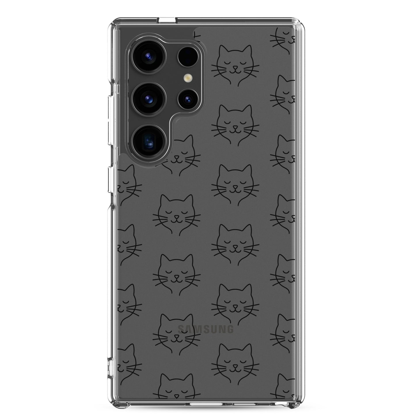 Phone Case for Samsung Galaxy with cute cat face pattern, transparent design showing off device's color.