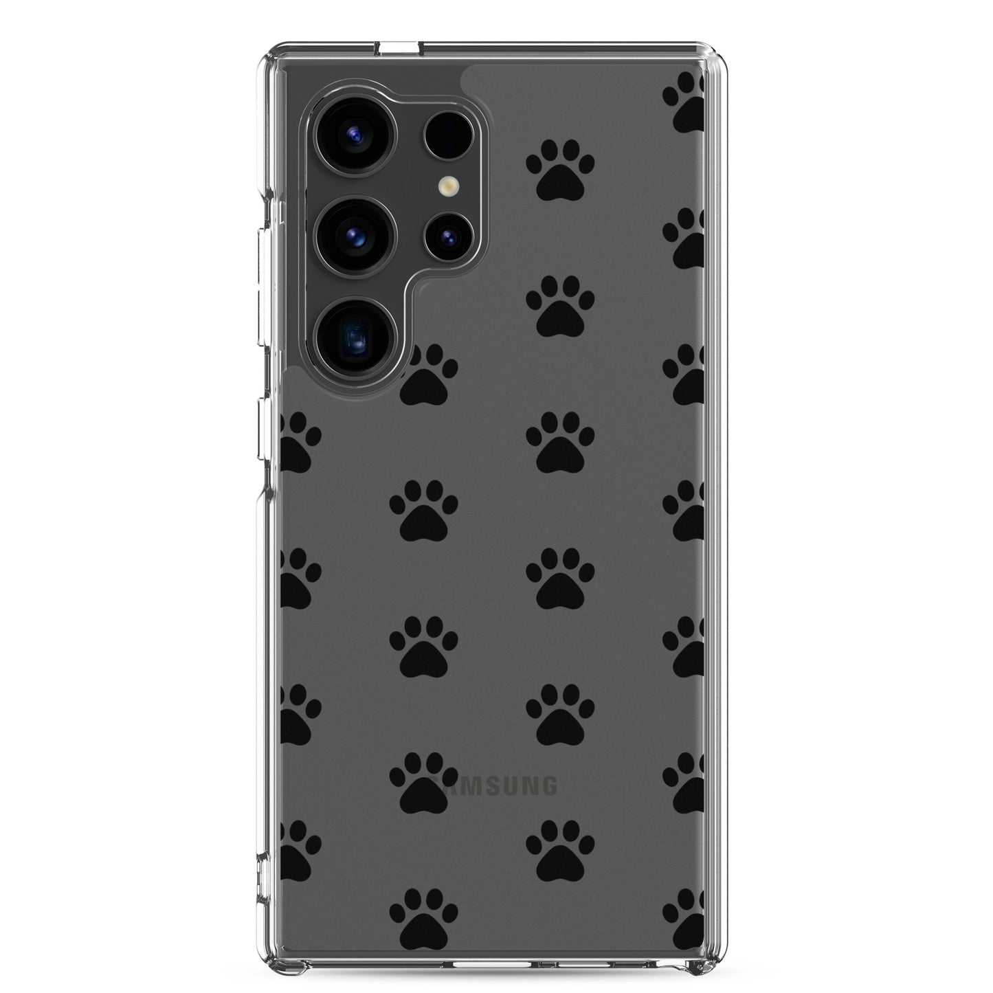 Phone Case for Samsung Galaxy featuring a playful paw print pattern on a transparent background.