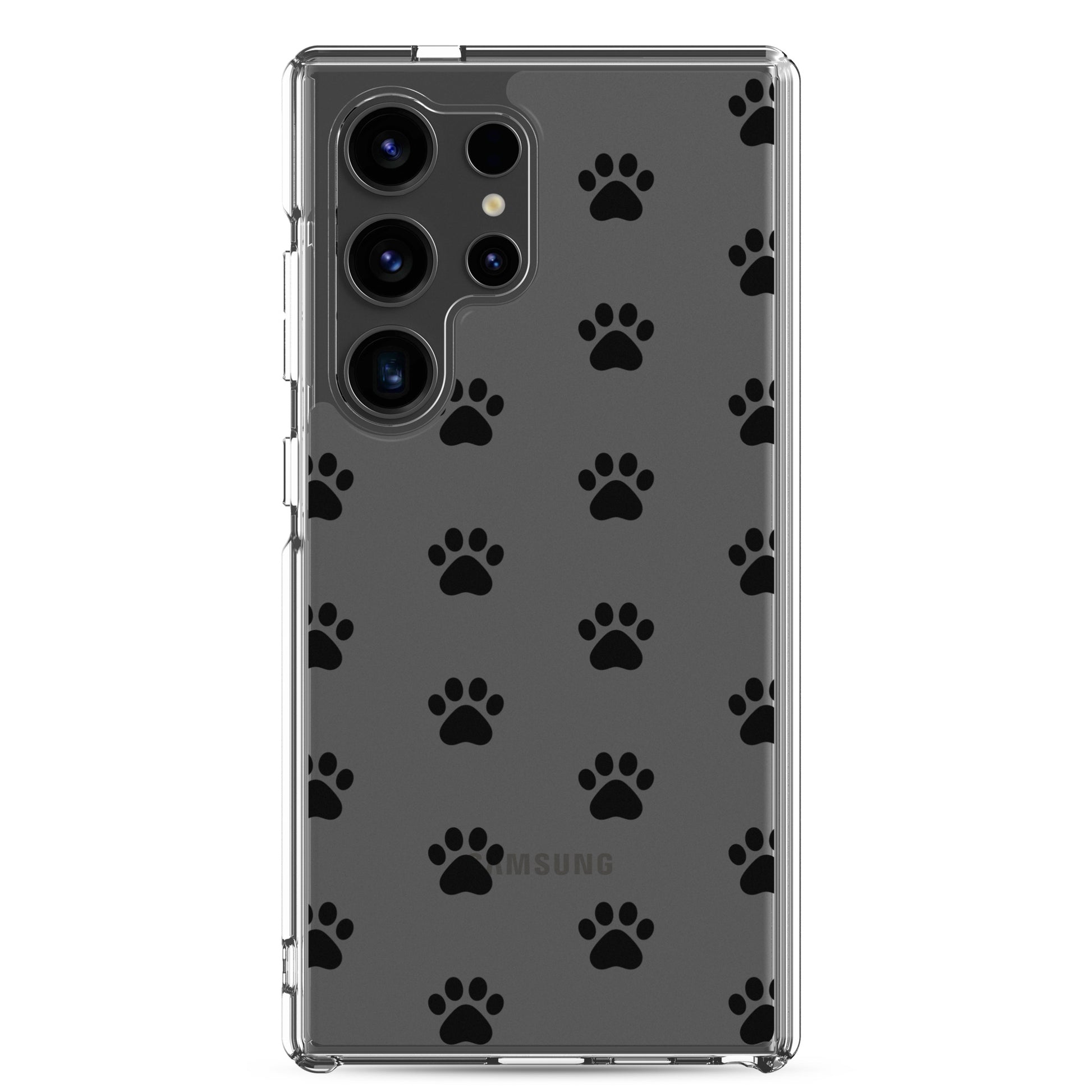 Phone Case for Samsung Galaxy featuring a playful paw print pattern on a transparent background.