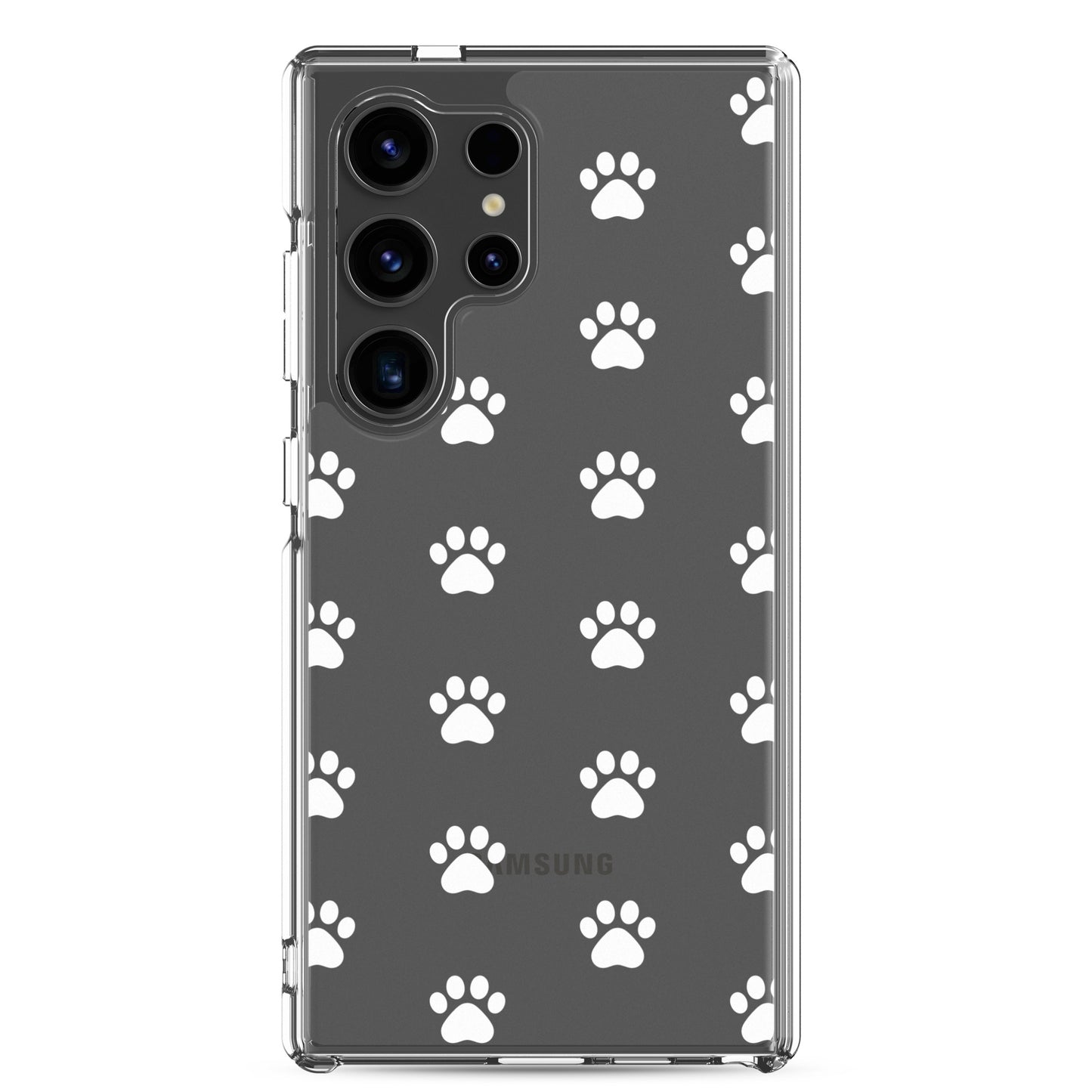 Phone Case for Samsung Galaxy featuring a playful paw print pattern on a transparent finish.