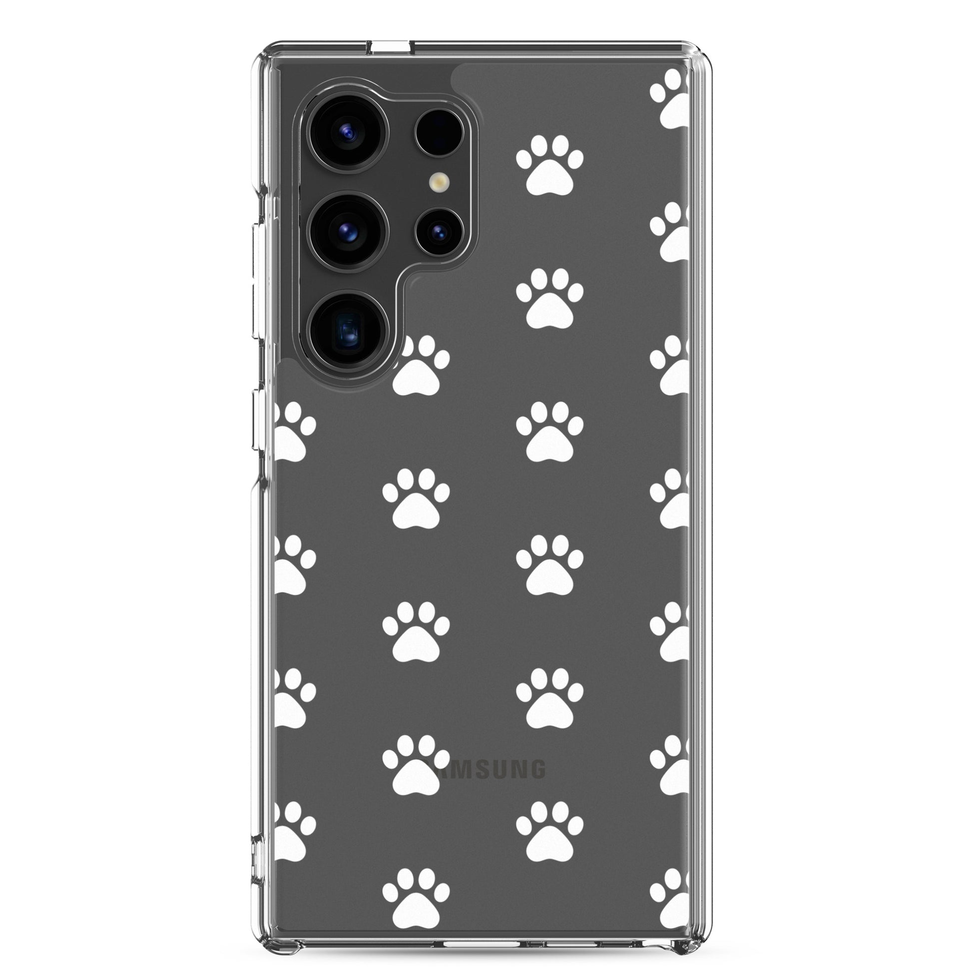 Phone Case for Samsung Galaxy featuring a playful paw print pattern on a transparent finish.