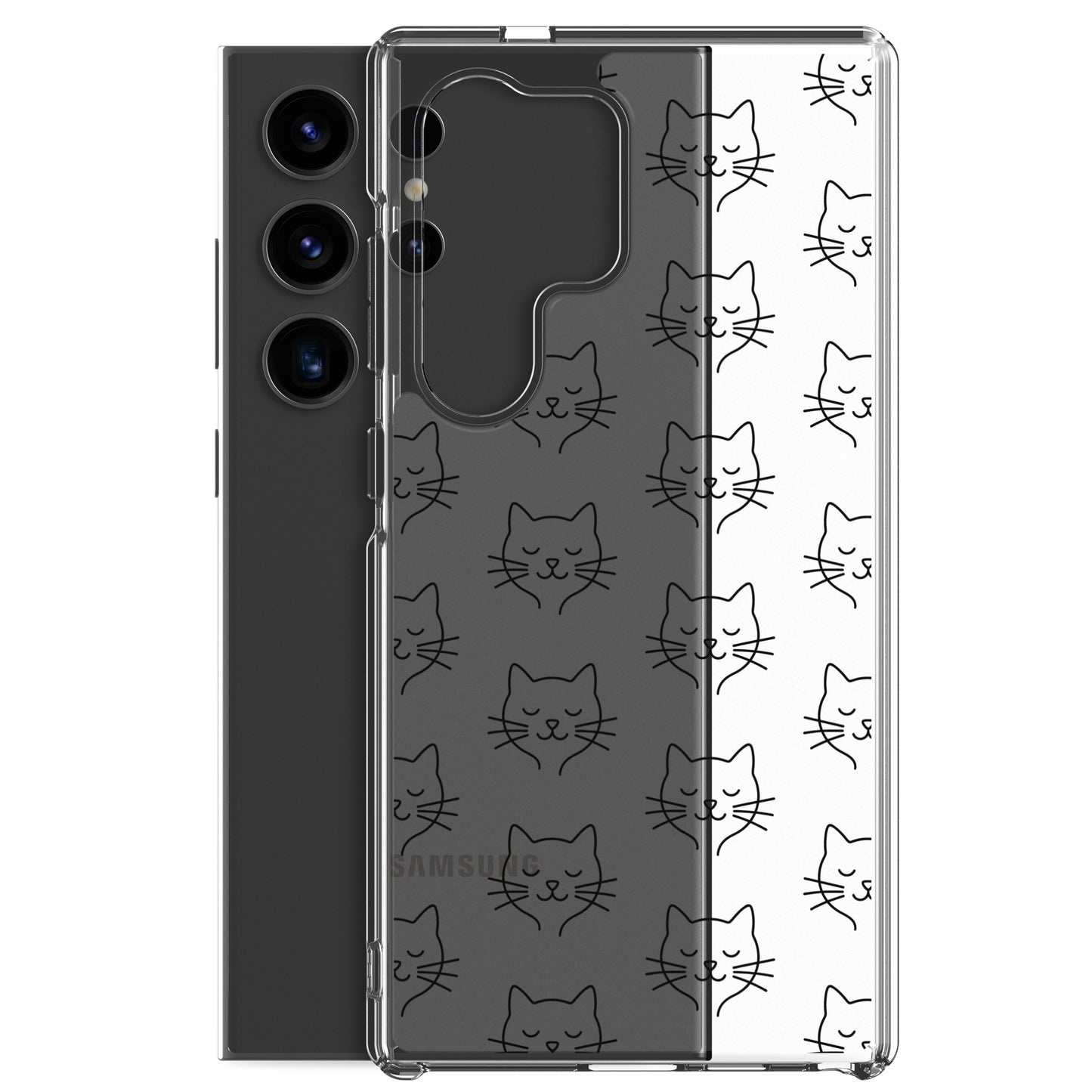 Phone Case for Samsung Galaxy with cute cat face pattern in clear design, perfect for cat lovers.