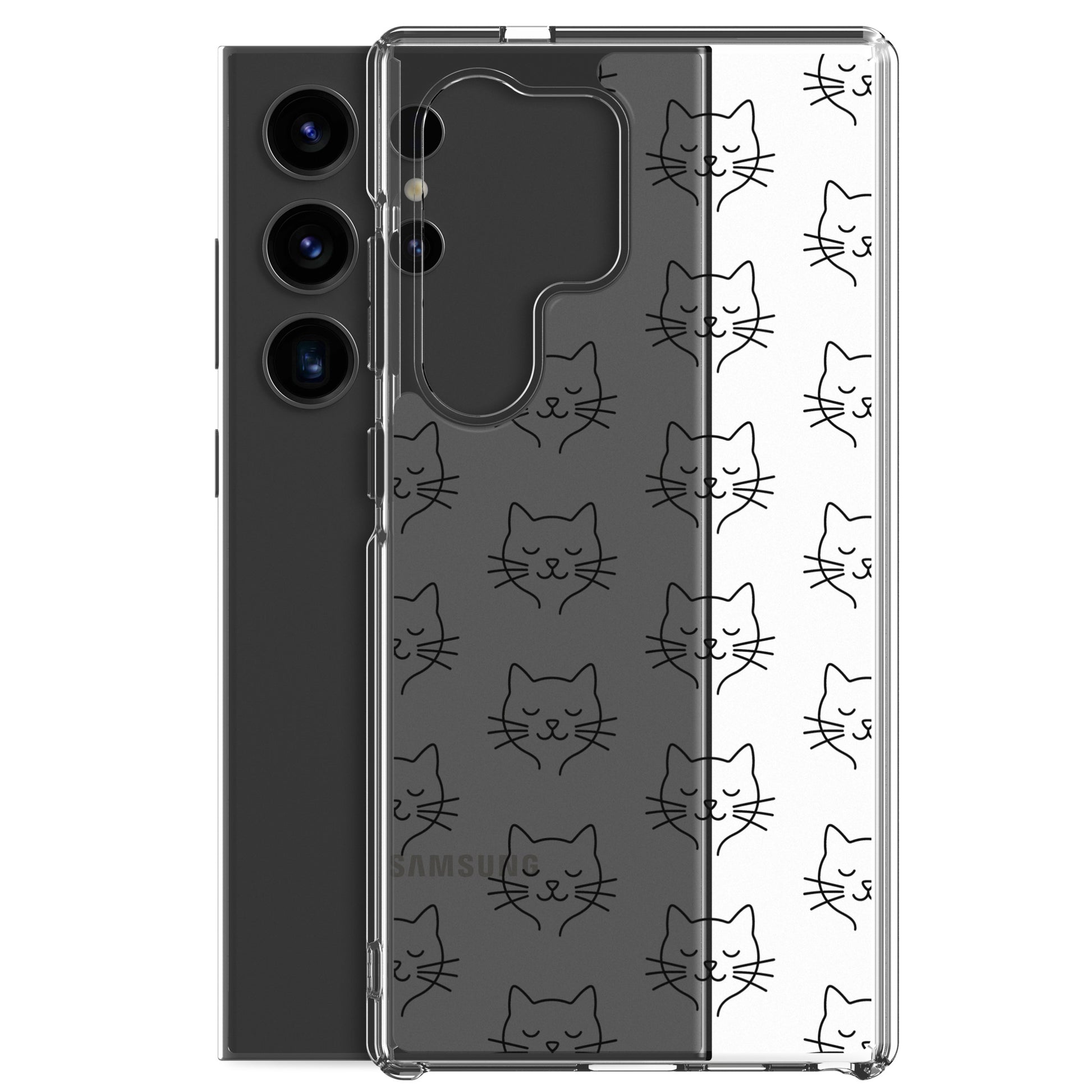 Phone Case for Samsung Galaxy with cute cat face pattern in clear design, perfect for cat lovers.