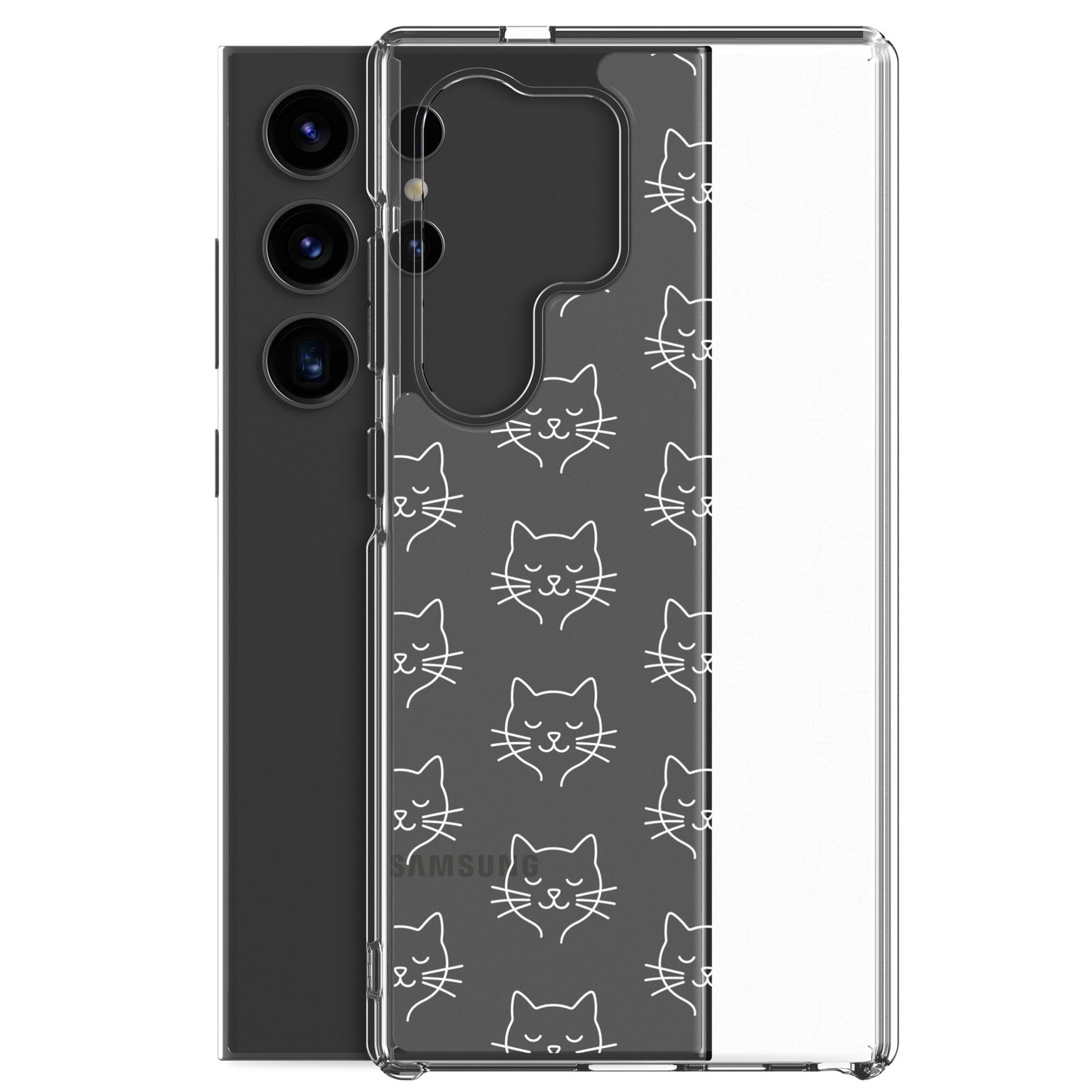 Phone Case for Samsung Galaxy with cute cat face pattern, clear design showcasing sleek aesthetics.