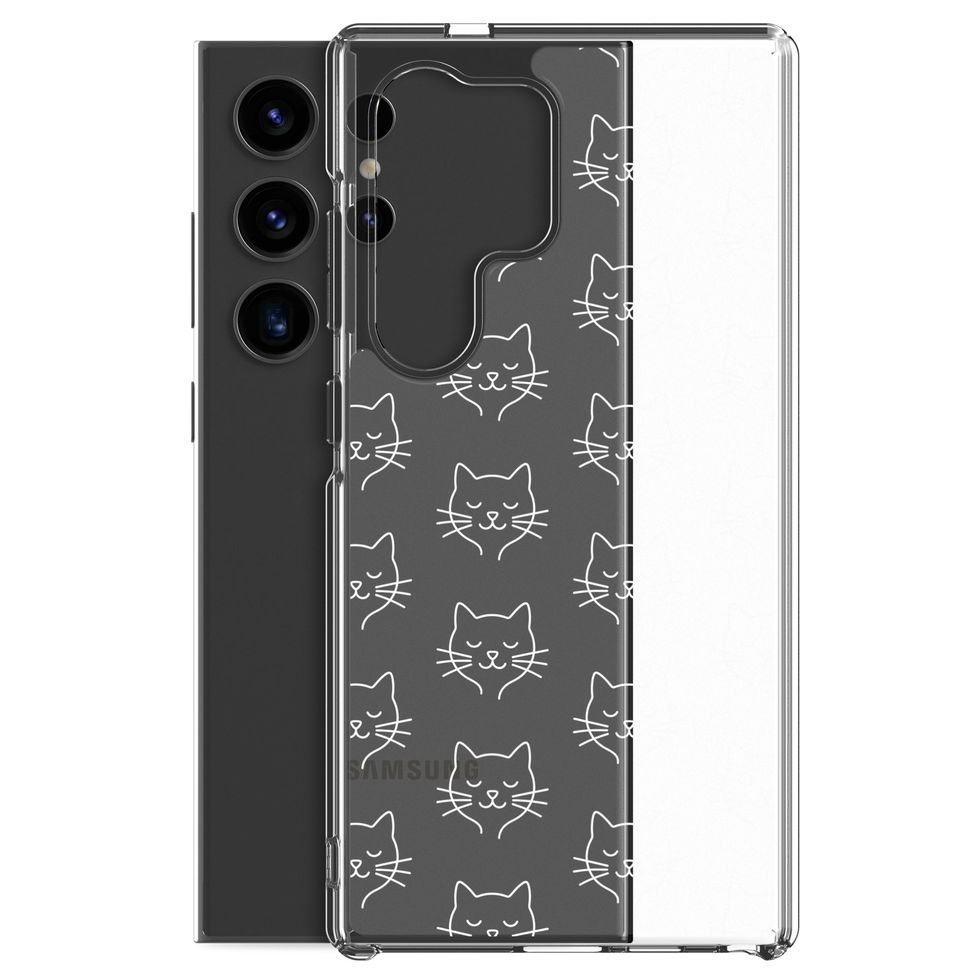 Phone Case for Samsung Galaxy with cute cat face pattern, clear design showcasing sleek aesthetics.