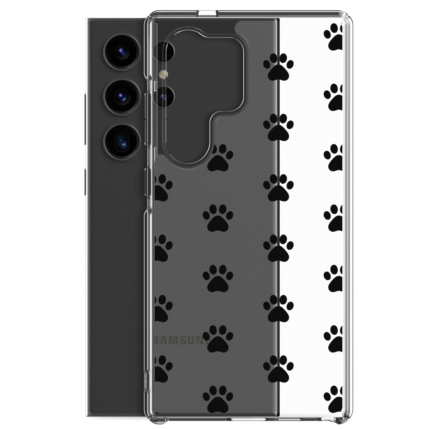 Phone Case for Samsung Galaxy featuring cute paw print pattern on a transparent design.
