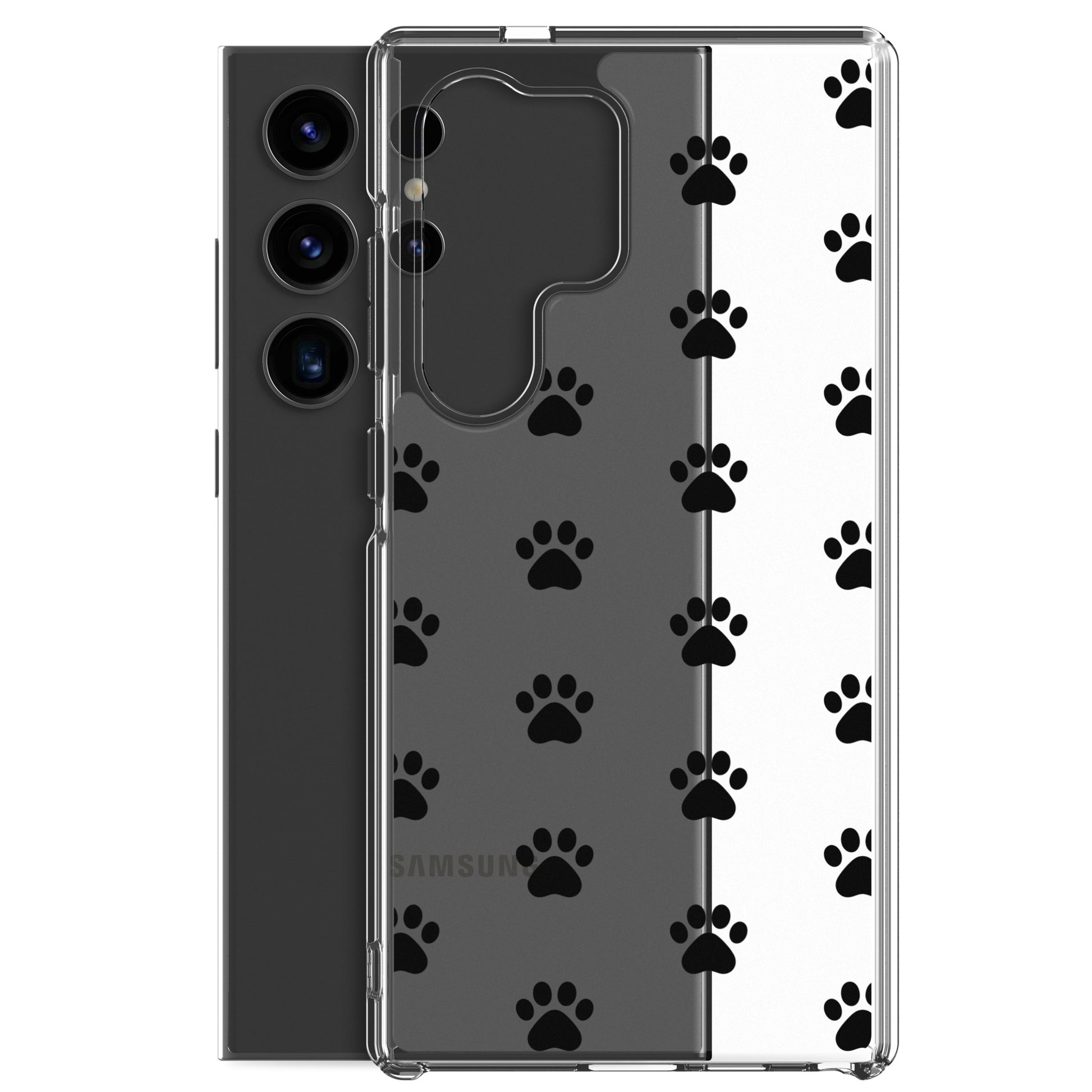 Phone Case for Samsung Galaxy featuring cute paw print pattern on a transparent design.