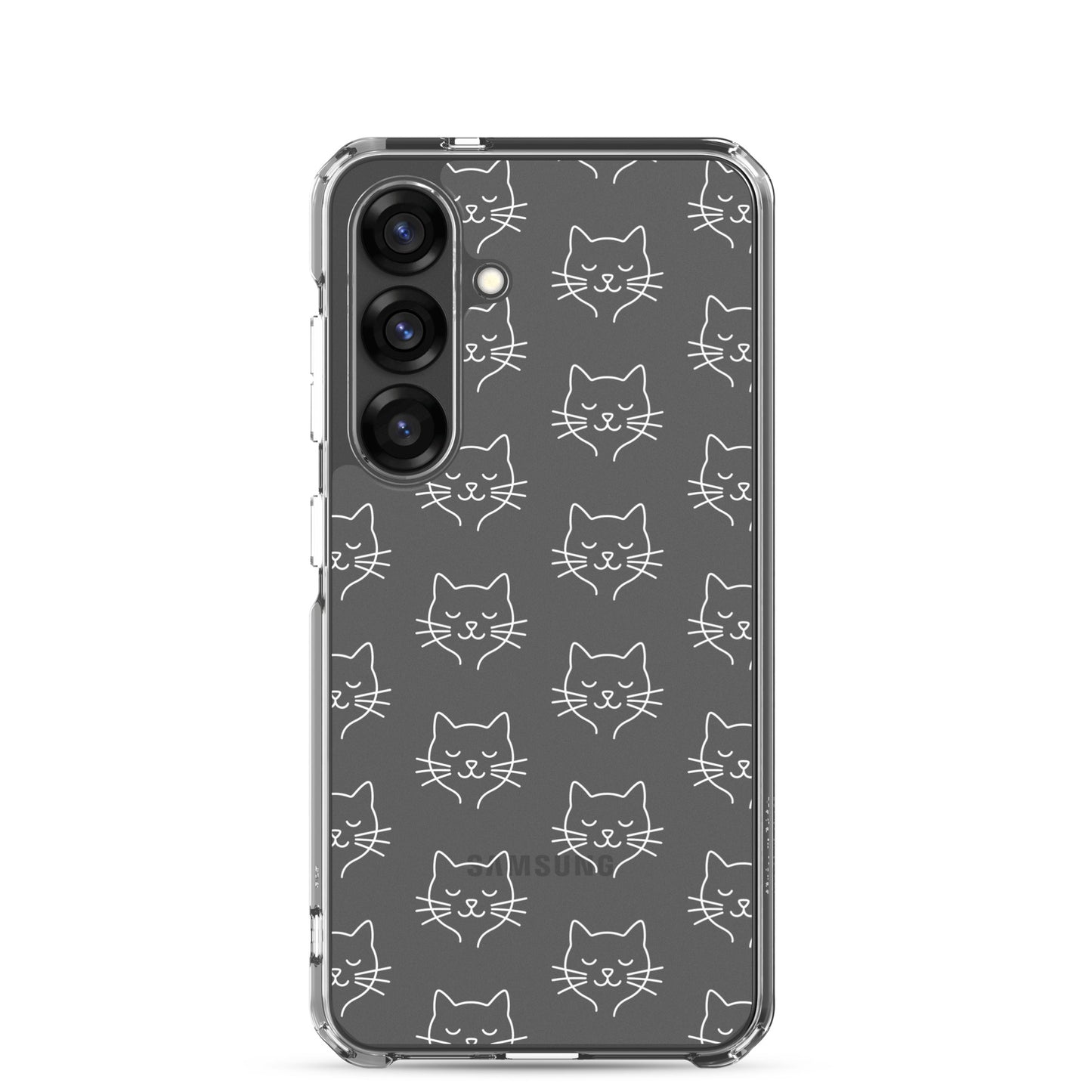 Phone Case for Samsung Galaxy featuring a cute cat face pattern in a clear design.