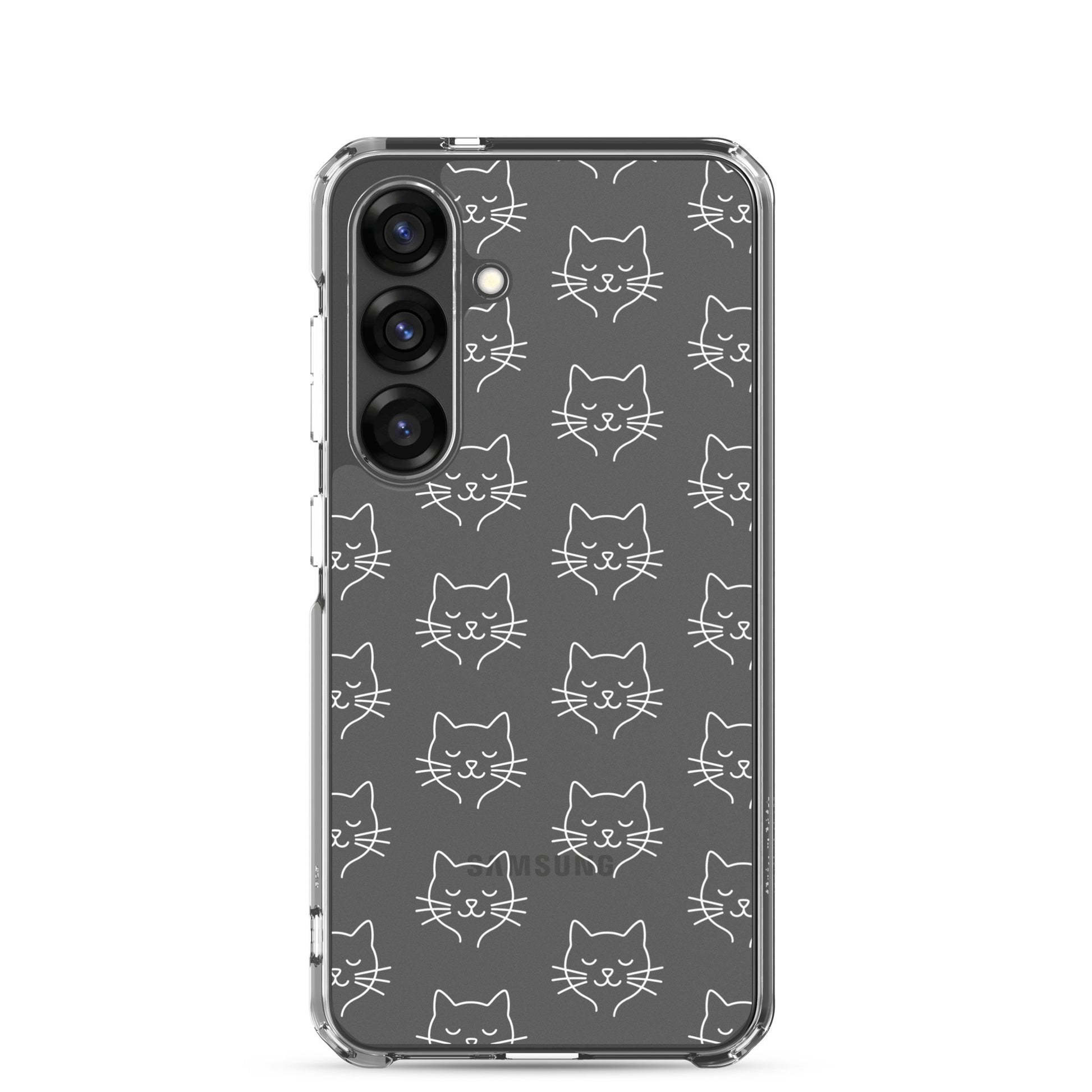 Phone Case for Samsung Galaxy featuring a cute cat face pattern in a clear design.