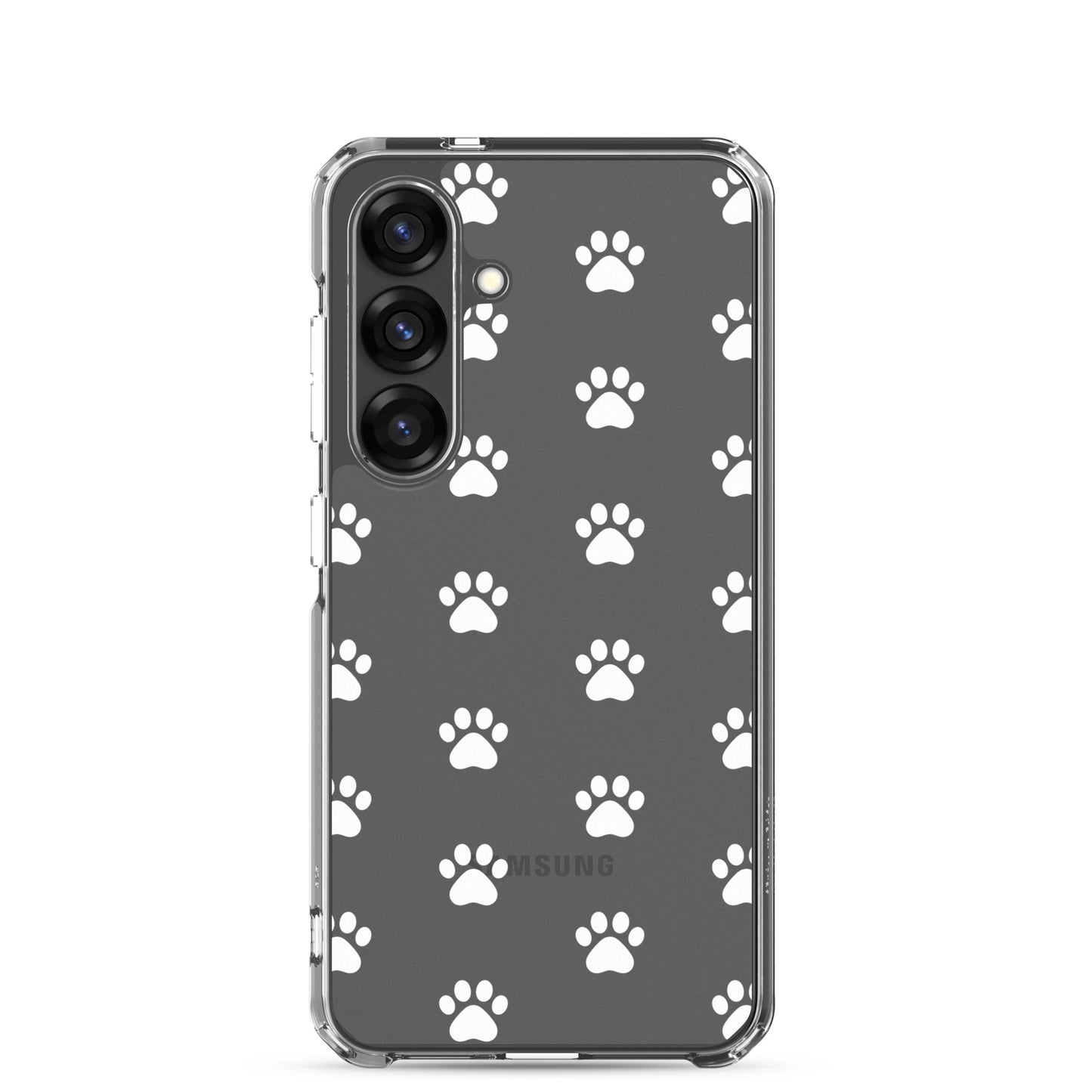 Phone Case for Samsung Galaxy with playful paw print pattern on transparent background.