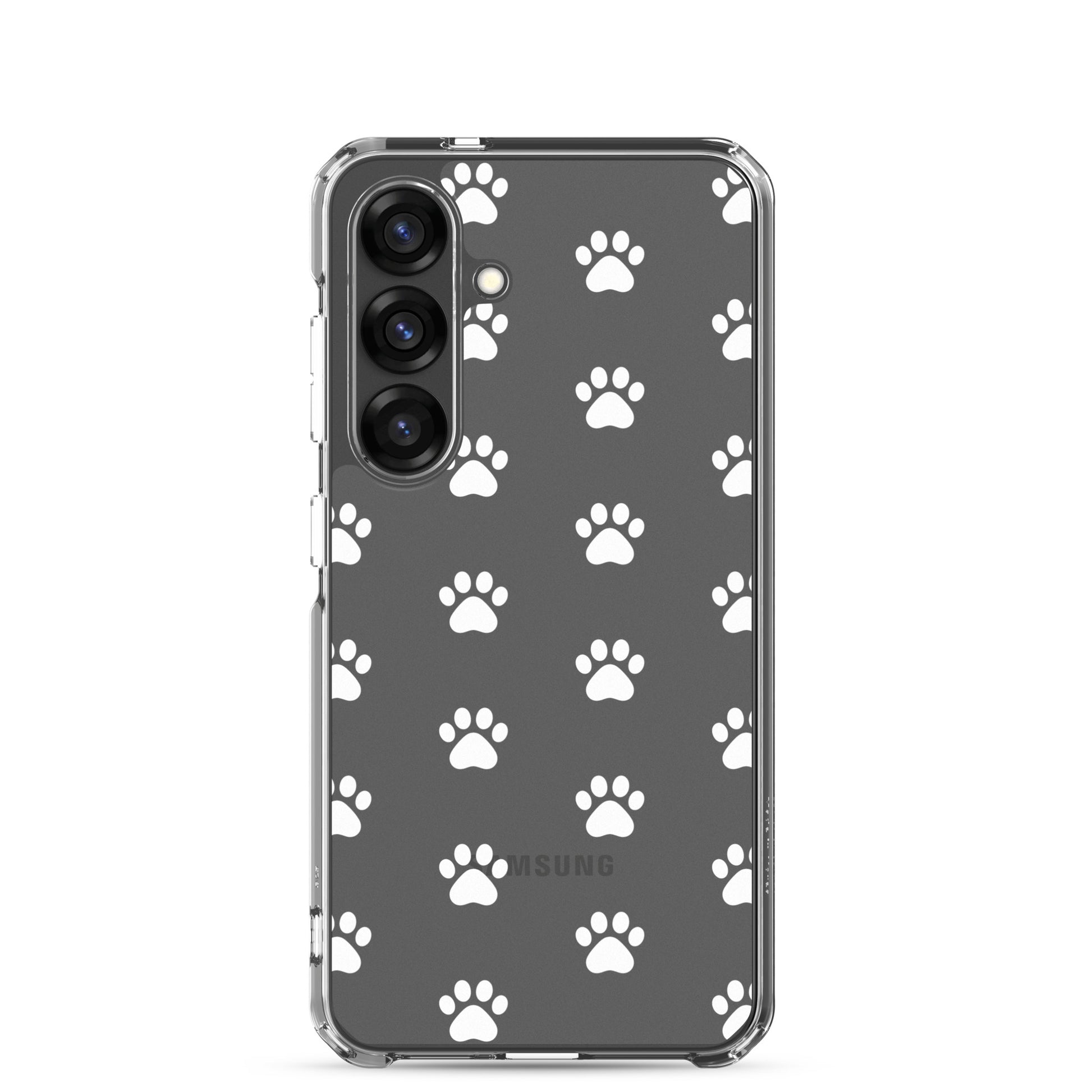 Phone Case for Samsung Galaxy with playful paw print pattern on transparent background.
