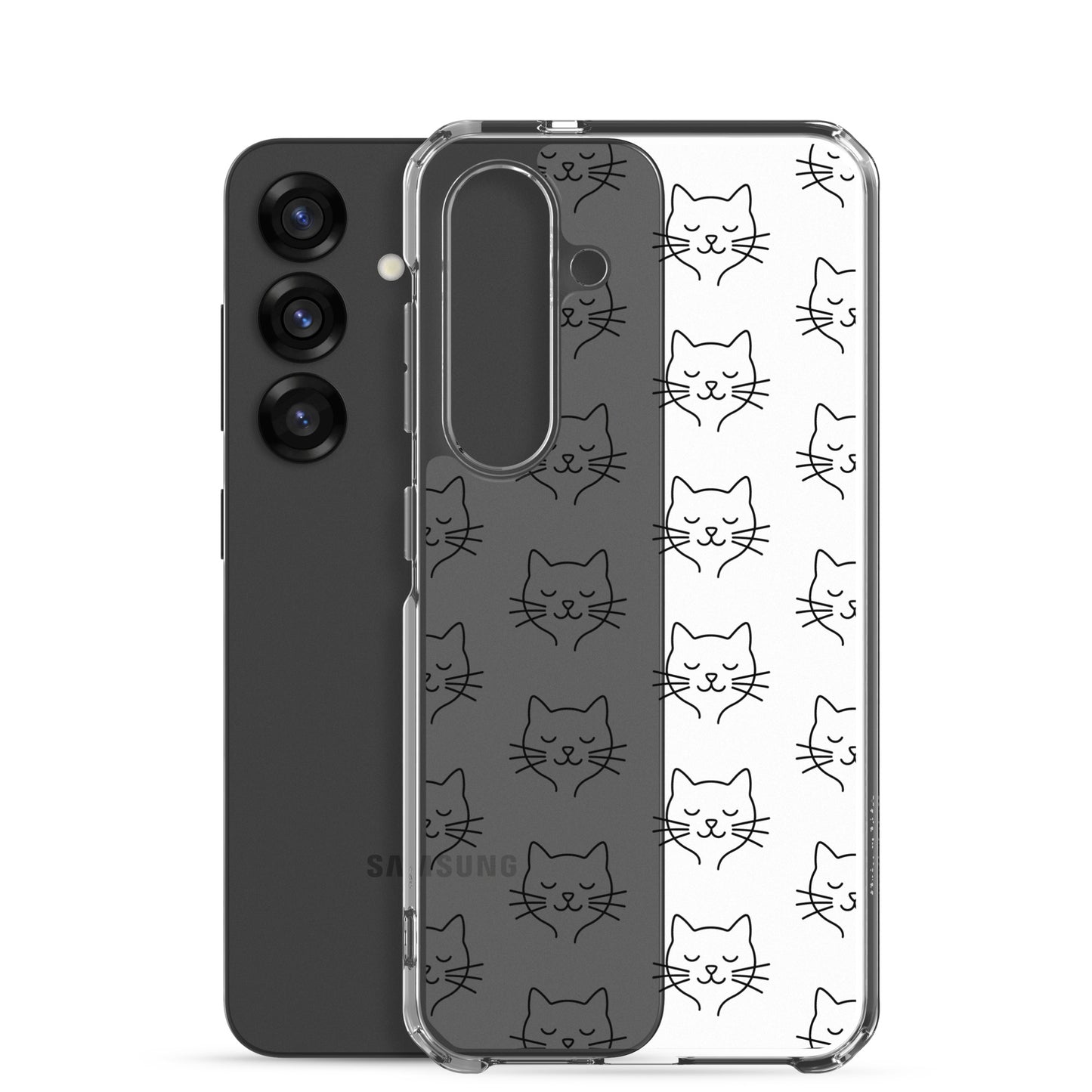 Phone Case for Samsung Galaxy with cute cat face pattern on clear design, perfect for cat lovers.