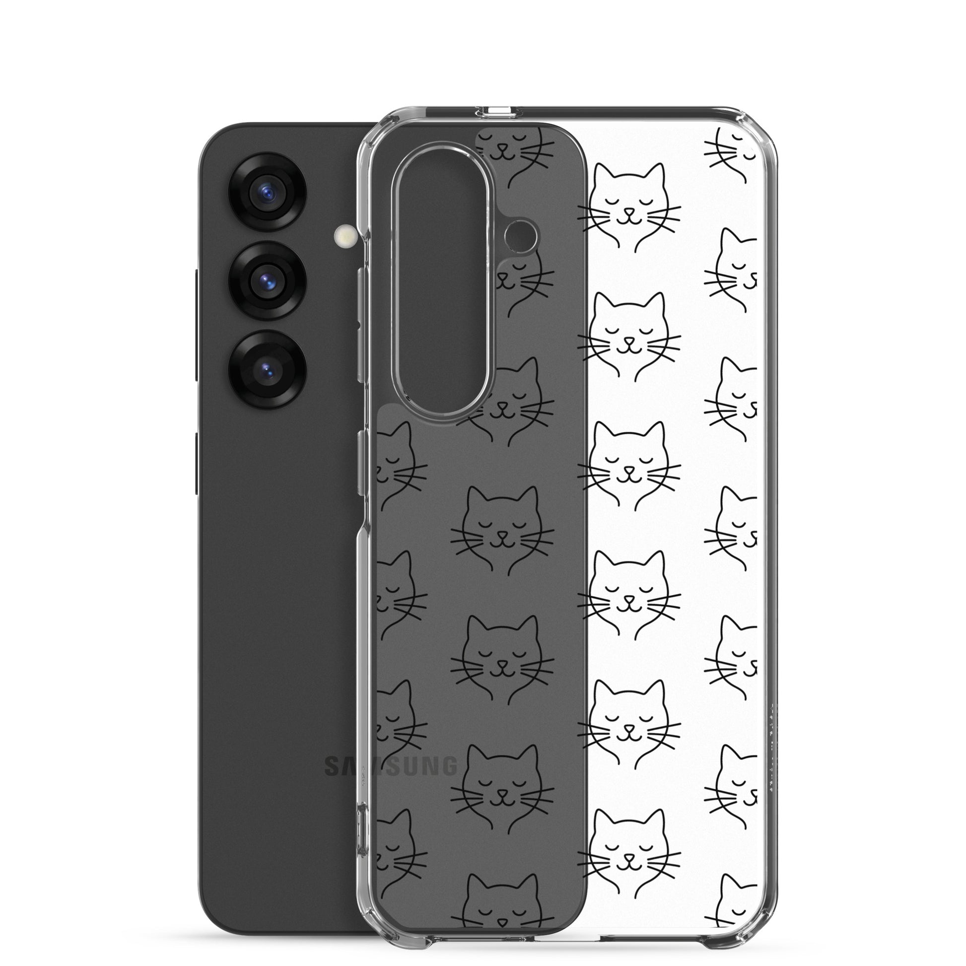 Phone Case for Samsung Galaxy with cute cat face pattern on clear design, perfect for cat lovers.