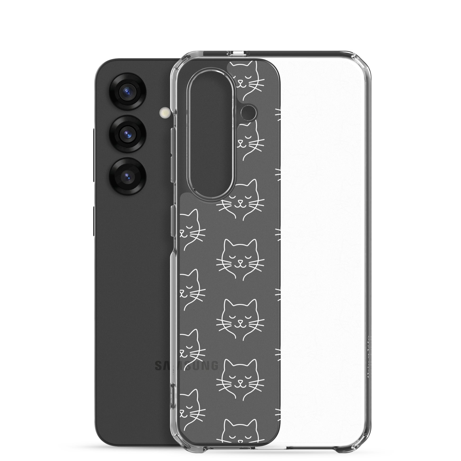 Phone Case for Samsung Galaxy featuring cute cat face pattern in a clear design.