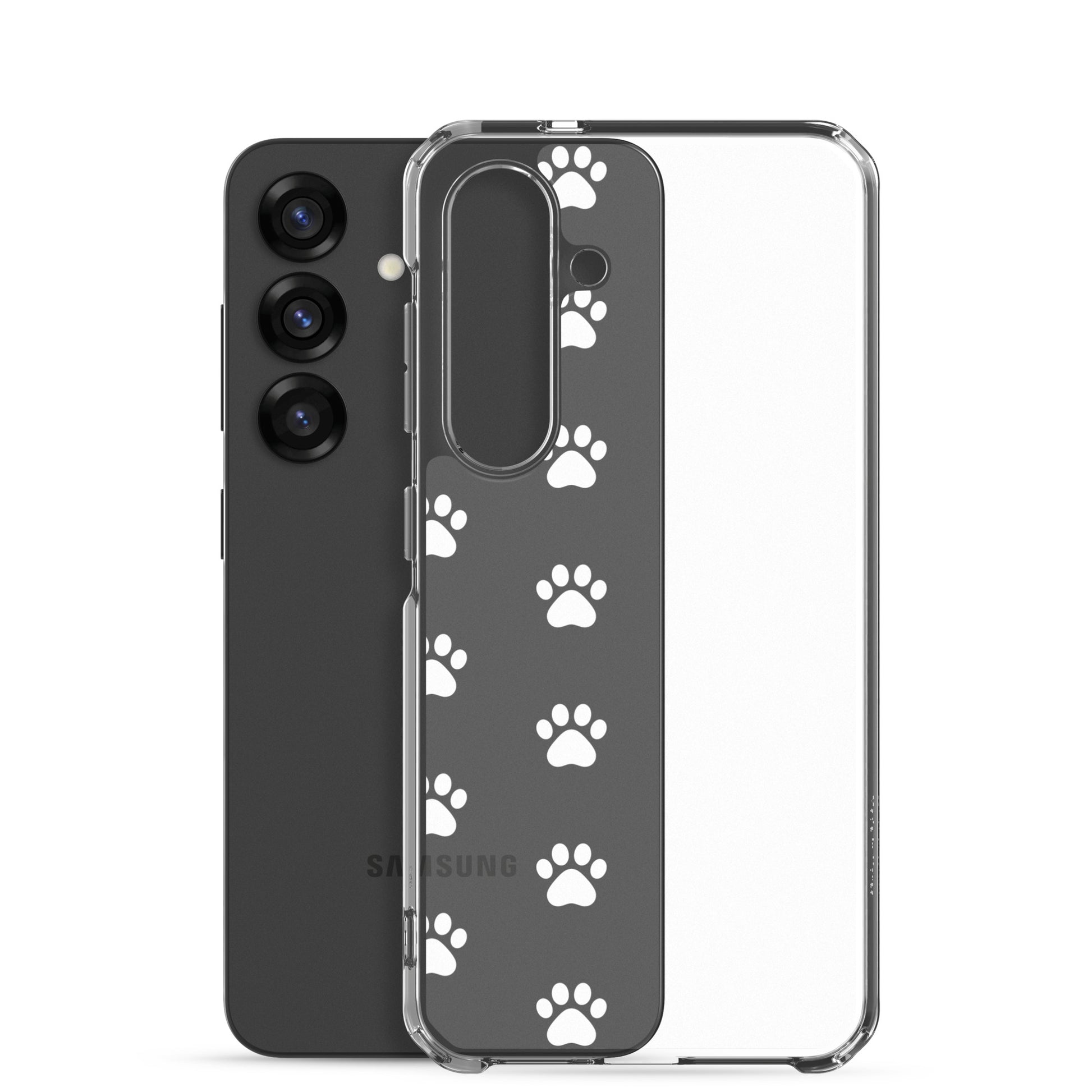 Phone Case for Samsung Galaxy featuring a playful paw print pattern on a transparent design.