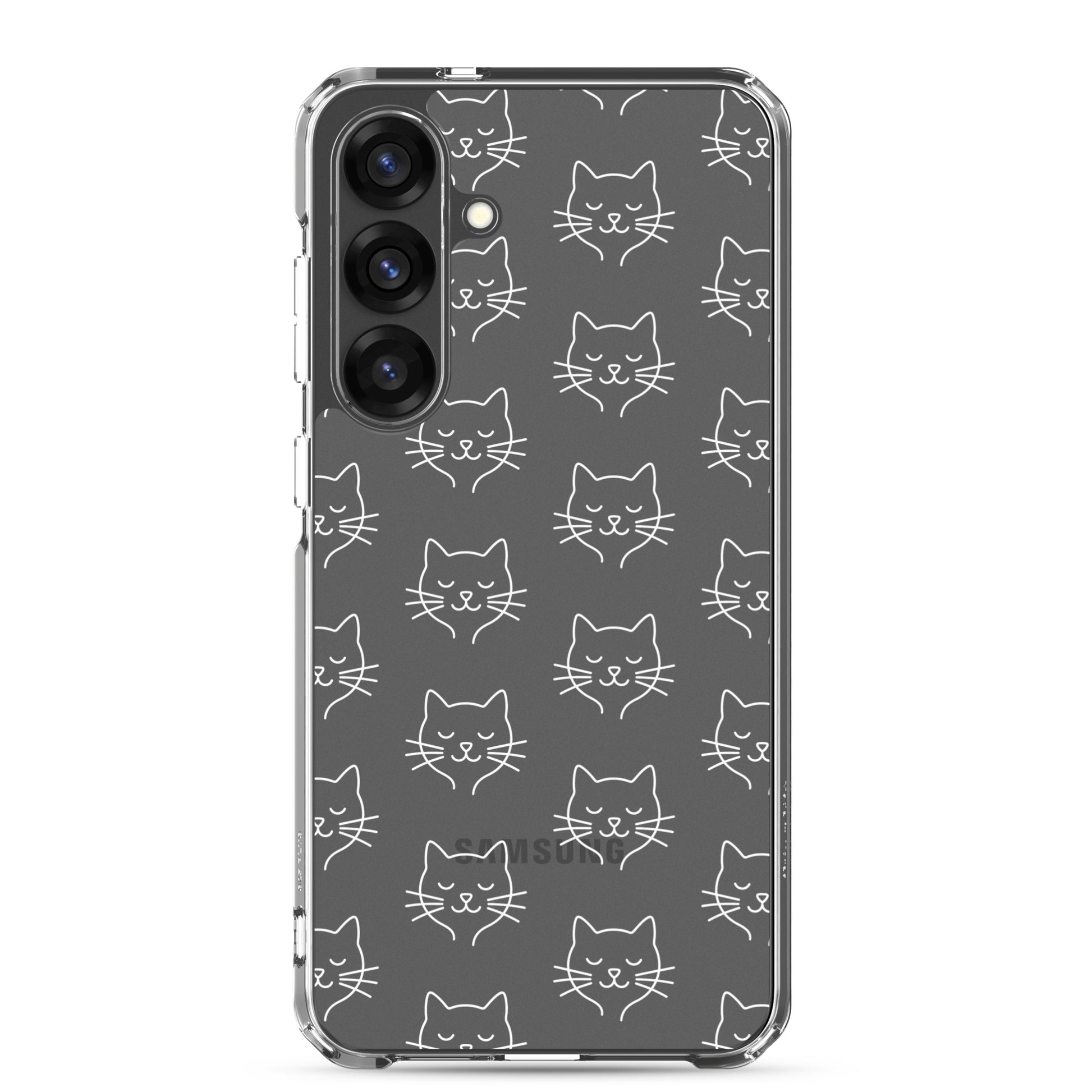 Phone Case for Samsung Galaxy with cute cat face pattern on a clear back, perfect for cat lovers.