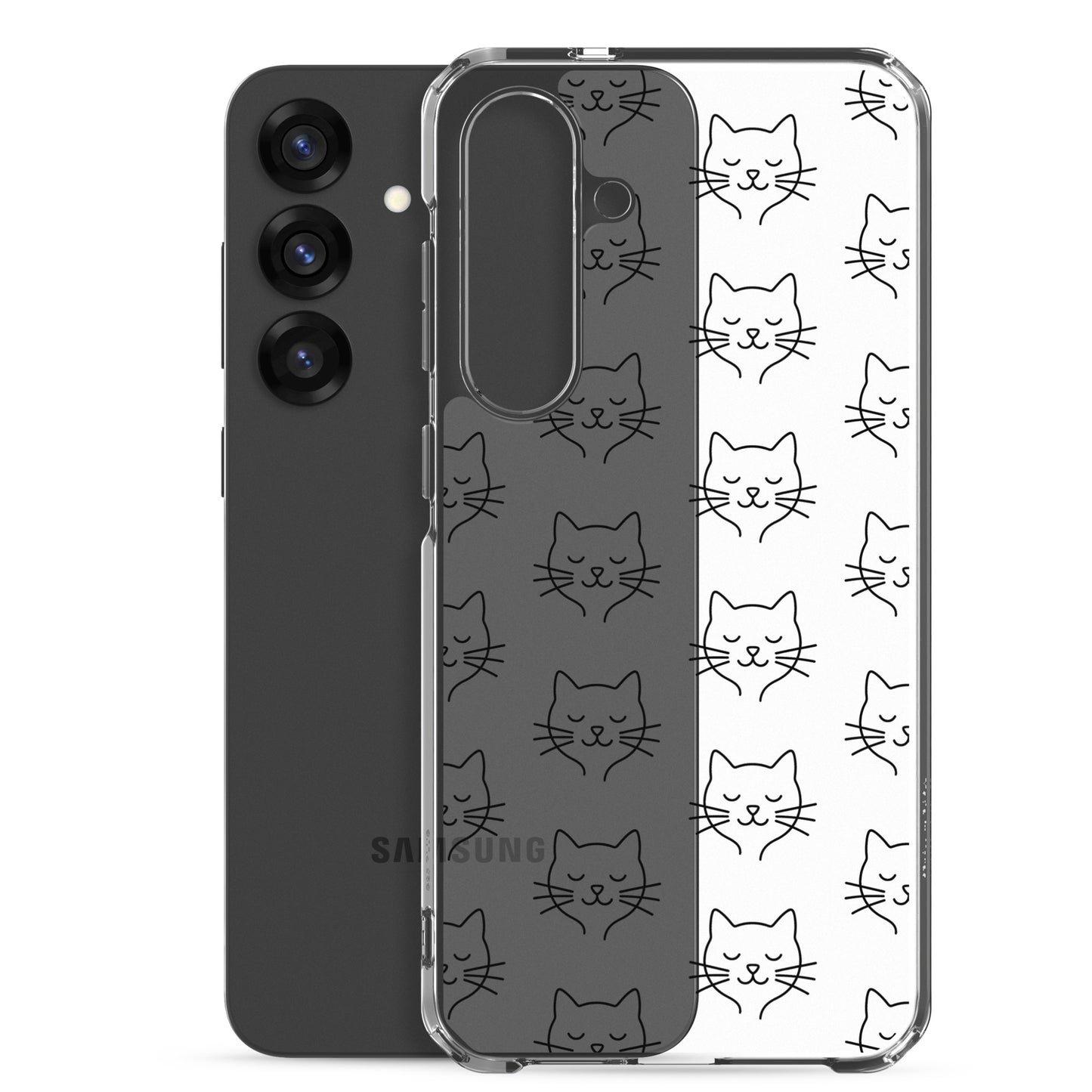 Phone Case for Samsung Galaxy featuring a cute cat face pattern on a clear case design.