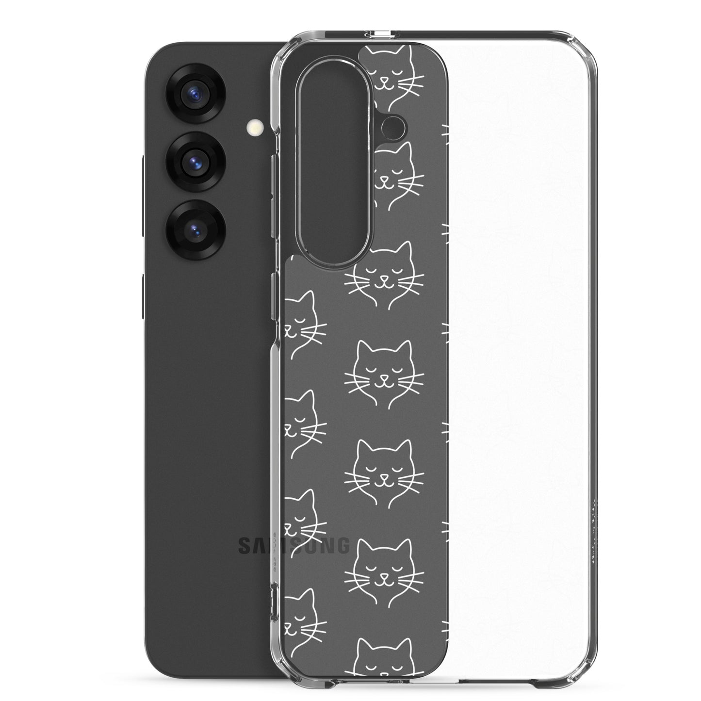 Phone Case for Samsung Galaxy featuring cute cat face pattern on clear design, combining protection and style.