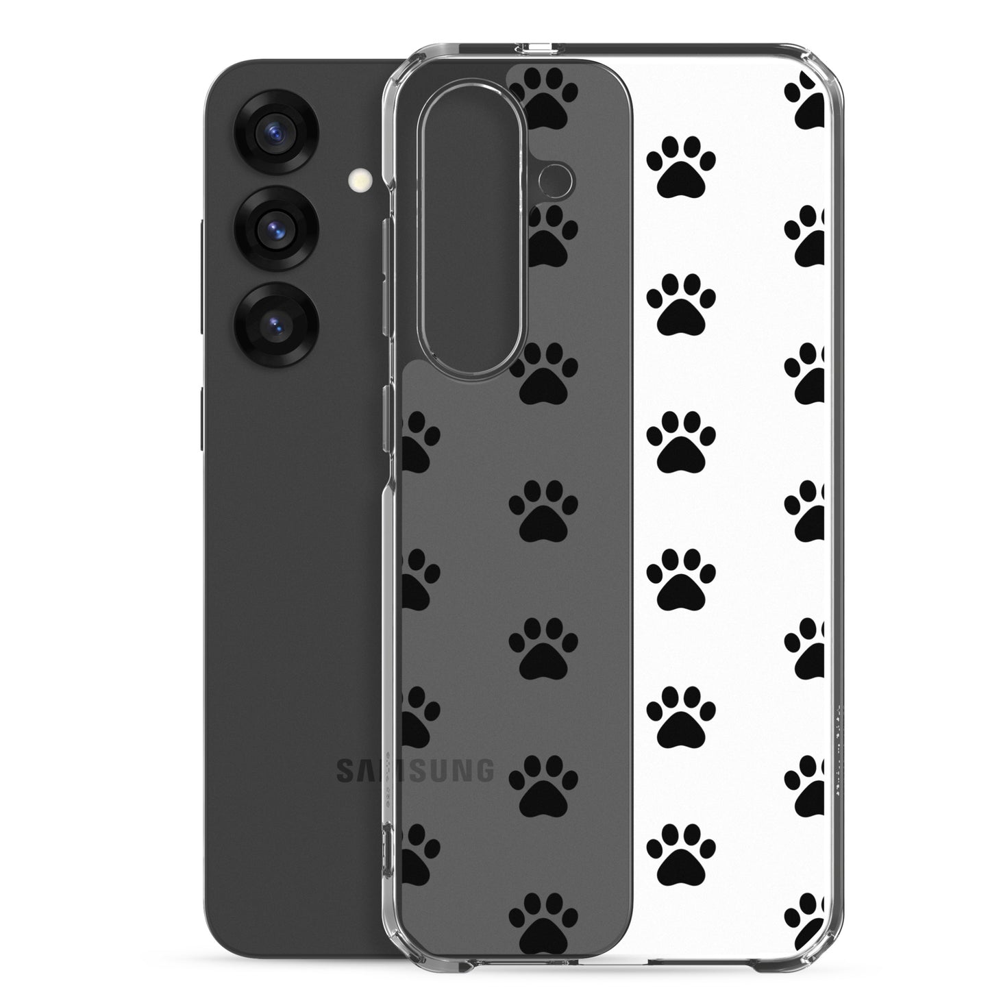 Phone Case for Samsung Galaxy featuring playful paw print pattern on a transparent background.