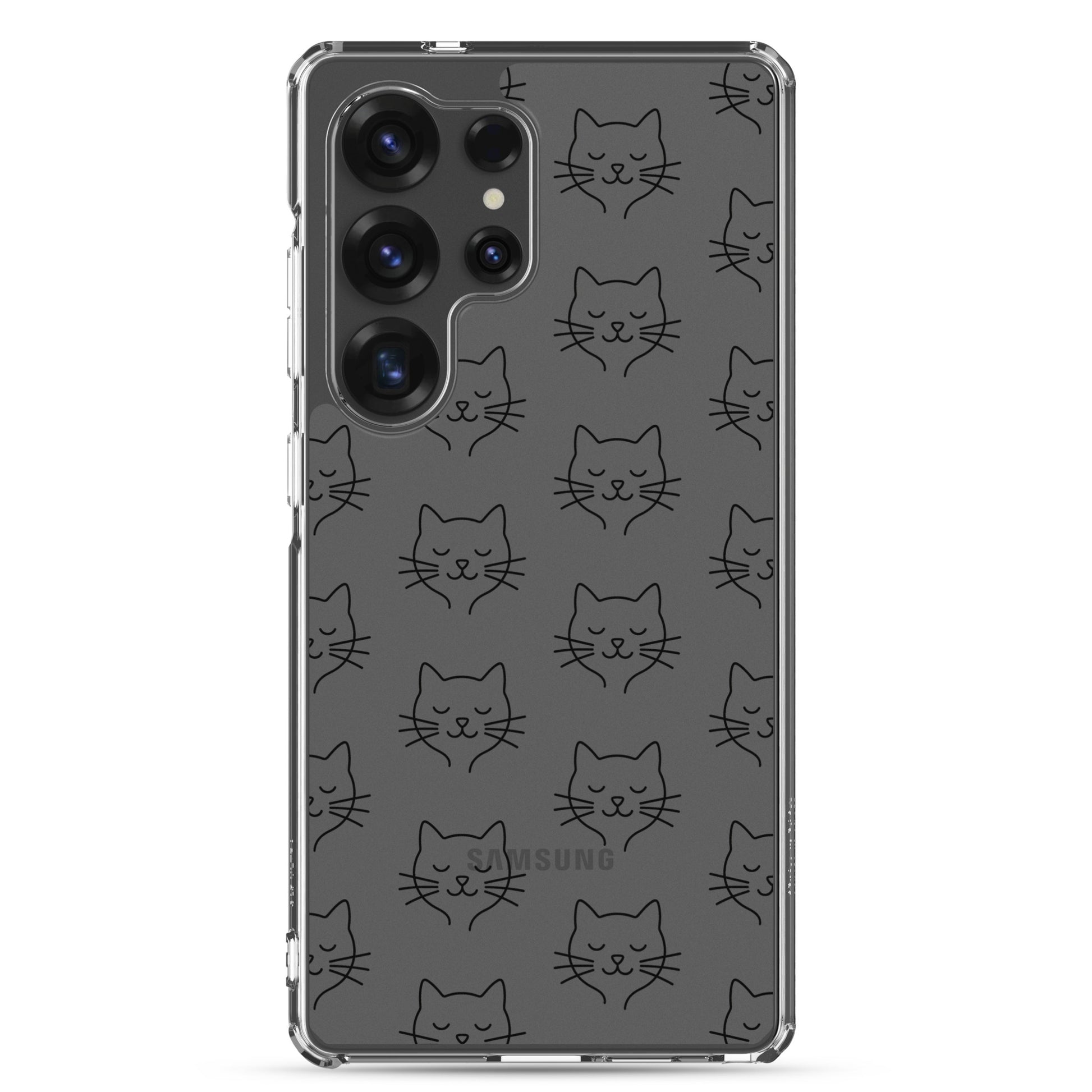 Phone Case for Samsung Galaxy with cute cat face pattern, clear design showcasing minimalist charm.