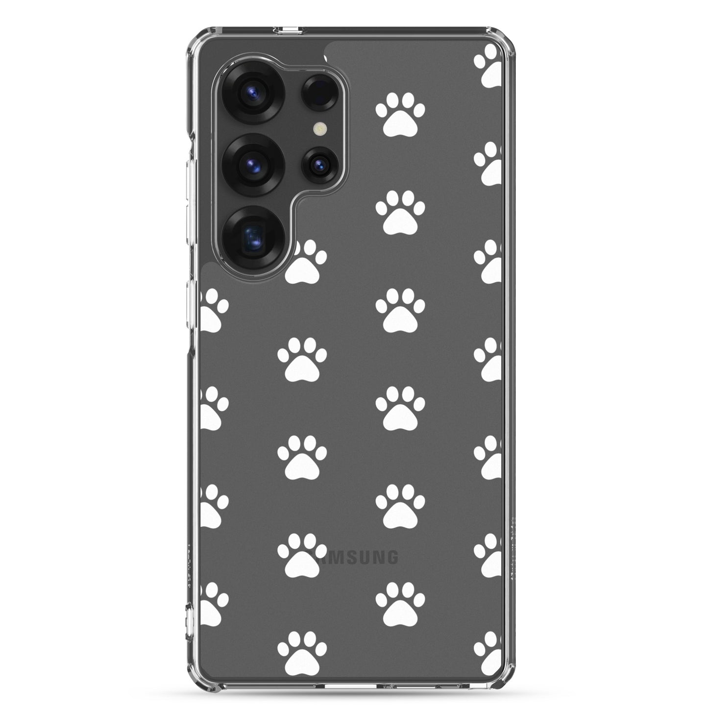 Phone Case for Samsung Galaxy featuring a playful paw print pattern on a transparent background.