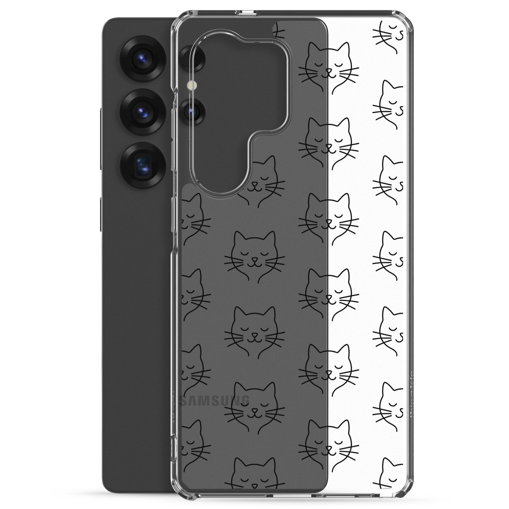 Phone Case for Samsung Galaxy with cute cat face pattern, transparent design showcasing sleek aesthetics.