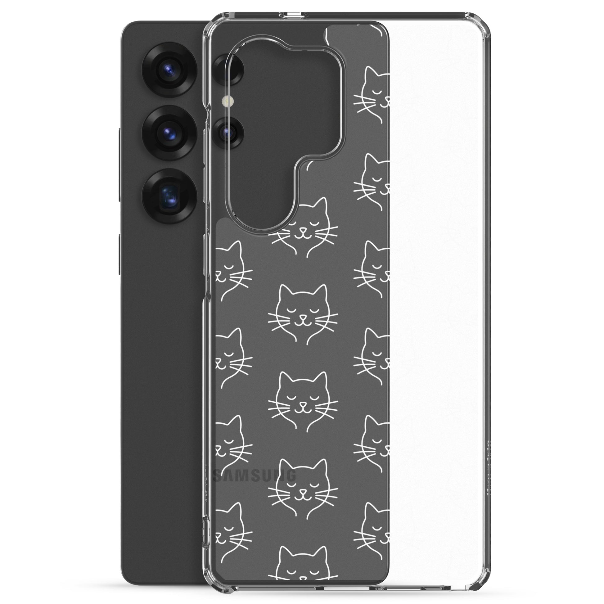 Phone Case for Samsung Galaxy featuring a cute cat face pattern in a clear design, perfect for cat lovers.