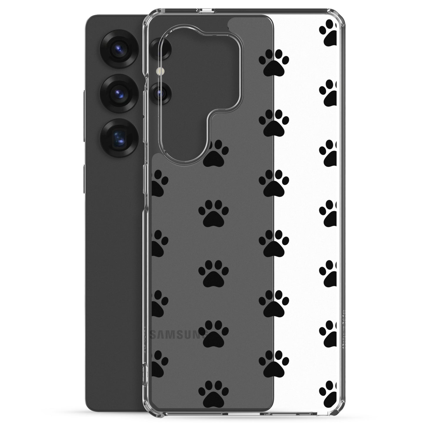 Phone Case for Samsung Galaxy featuring a playful paw print pattern, designed for pet lovers with a transparent finish.