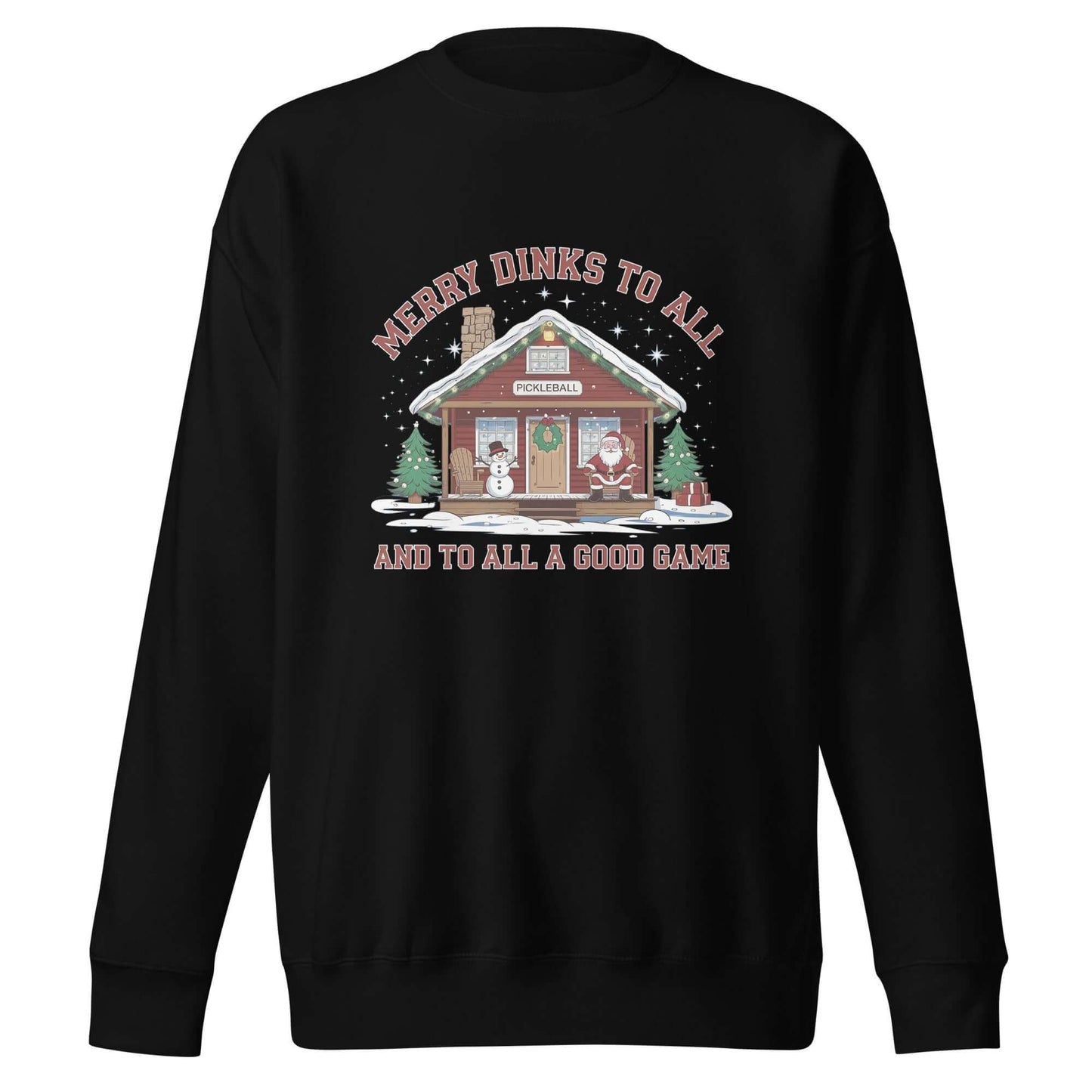 Cozy pickleball cabin holiday sweatshirt with festive design, featuring Santa and a snowman, nestled in a Christmas scene.