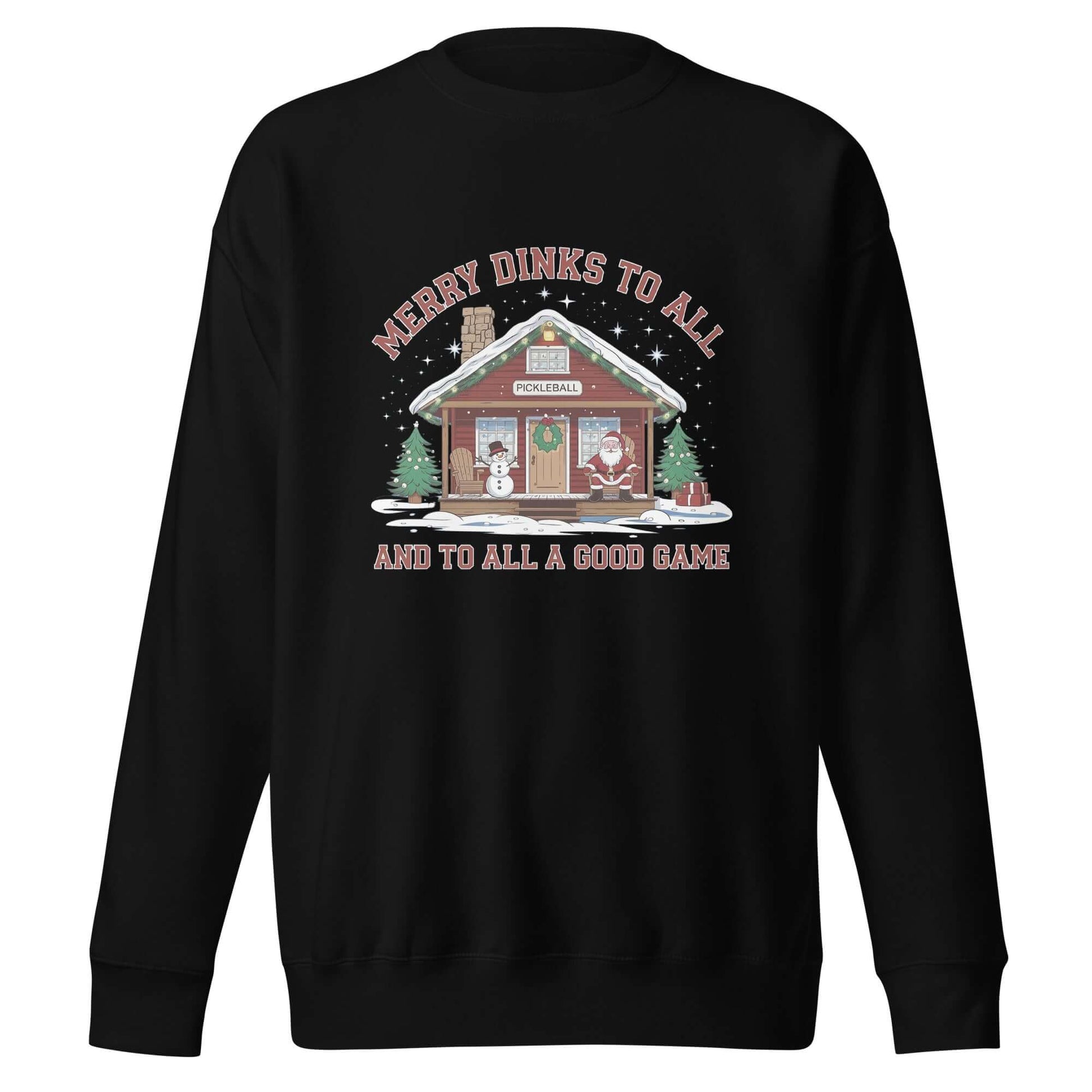 Cozy pickleball cabin holiday sweatshirt with festive design, featuring Santa and a snowman, nestled in a Christmas scene.