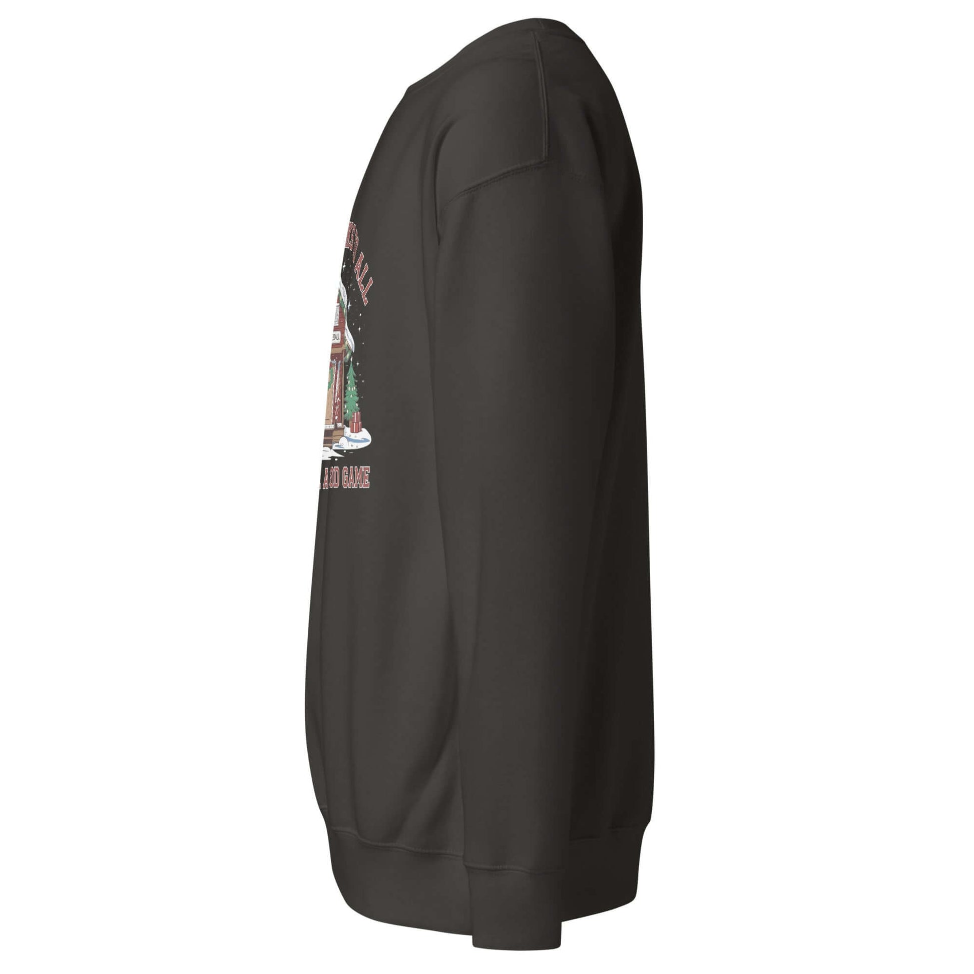 Side view of Cozy Pickleball Cabin Merry Dinks Holiday Sweatshirt with festive pickleball-themed cabin design.