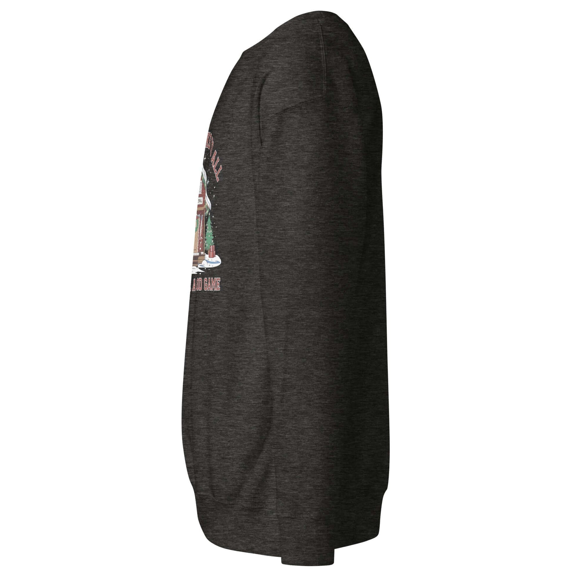 Side view of a cozy Merry Dinks holiday sweatshirt with pickleball cabin design, perfect for festive season fashion.