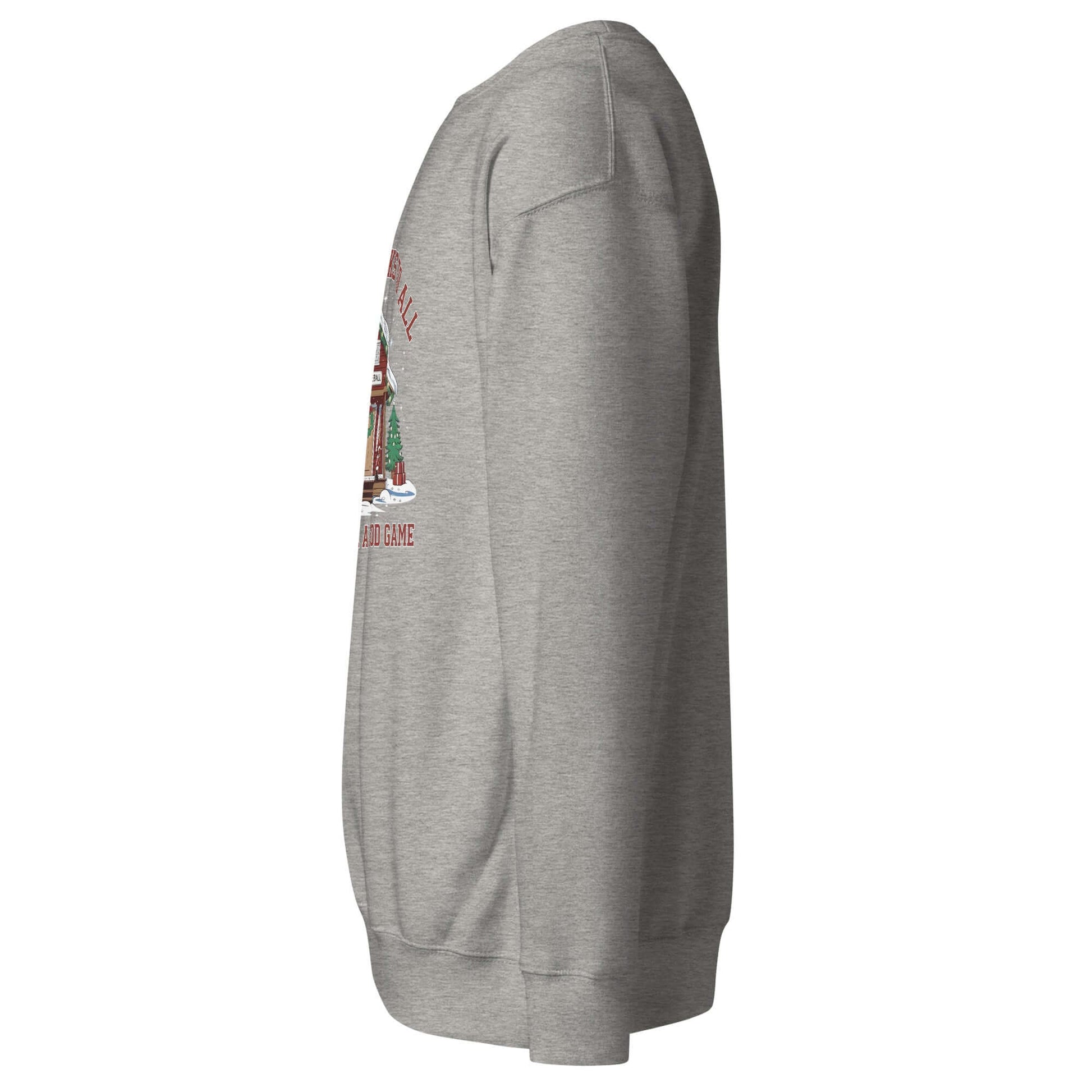 Side view of grey Merry Dinks holiday sweatshirt with a pickleball-themed cabin design. Perfect for festive cozy comfort.