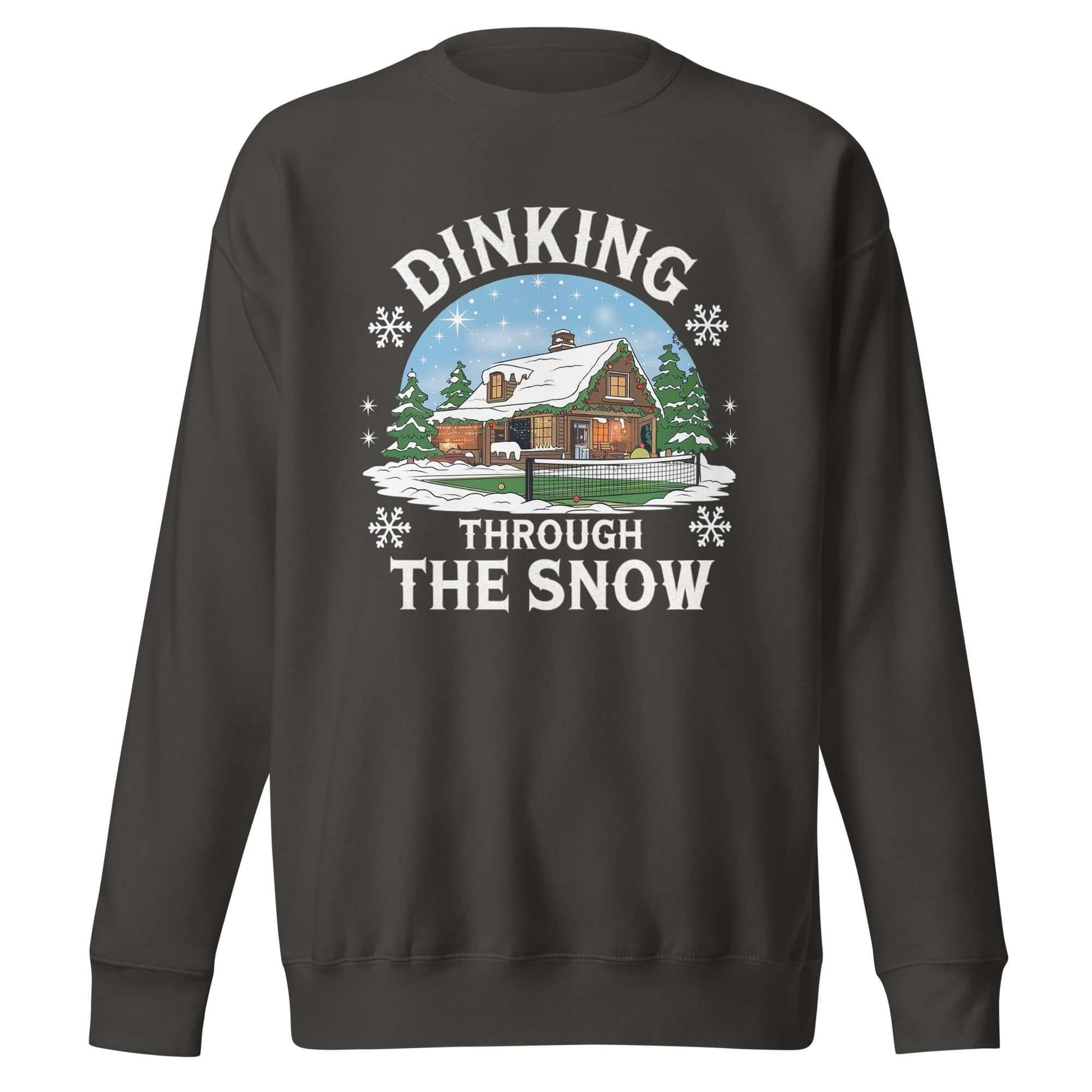 front side of Dinking Through the Snow: Cozy Pickleball Sweatshirt for Holiday Enthusiasts (vintage black)