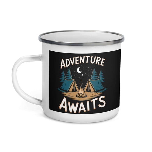 Enamel mug with 'Adventure Awaits' design featuring tents and a campfire against a black background.