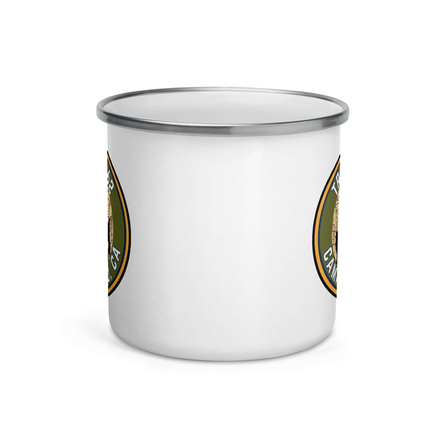 White enamel mug with silver rim and logo, perfect for camping and outdoor adventures.