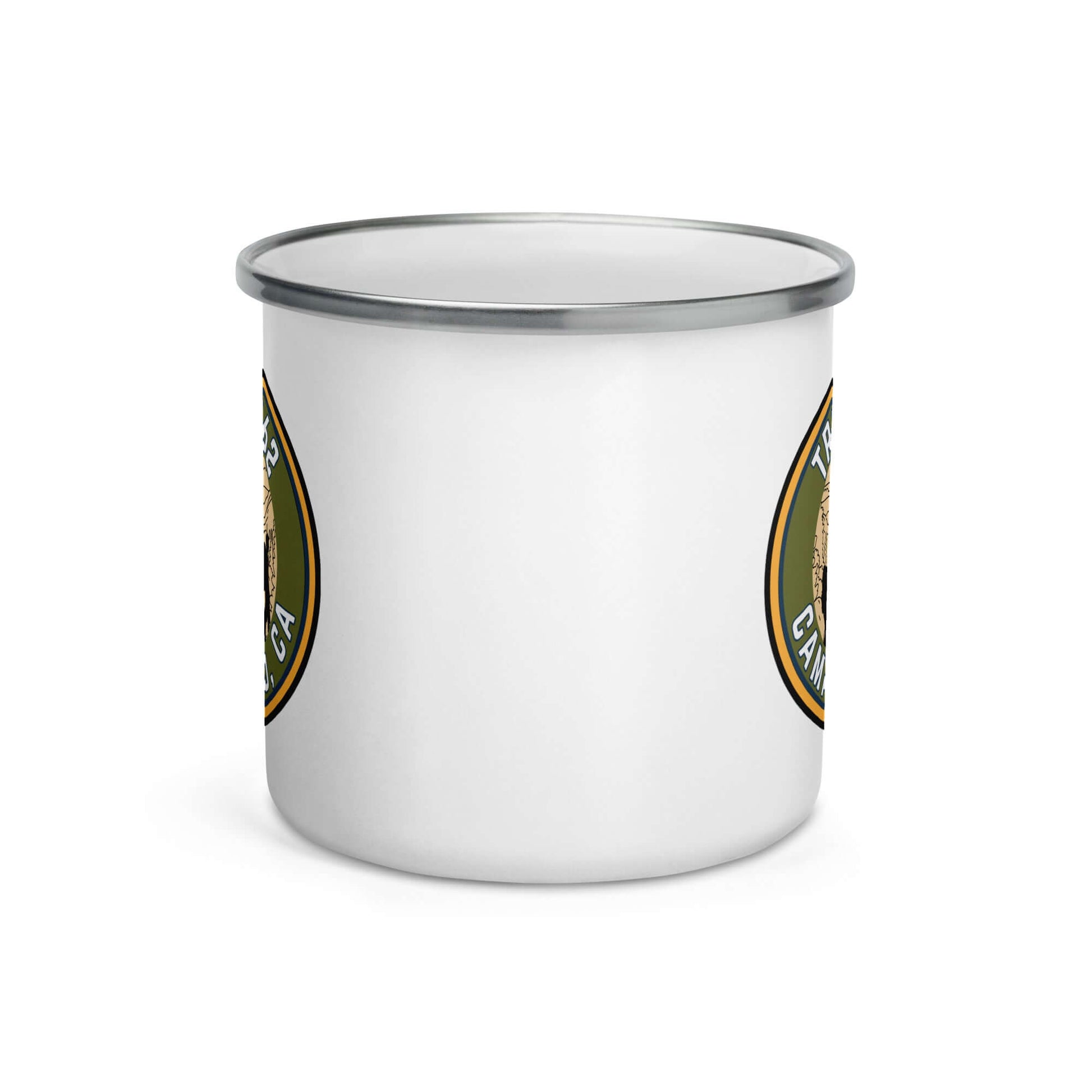 White enamel mug with silver rim and logo, perfect for camping and outdoor adventures.