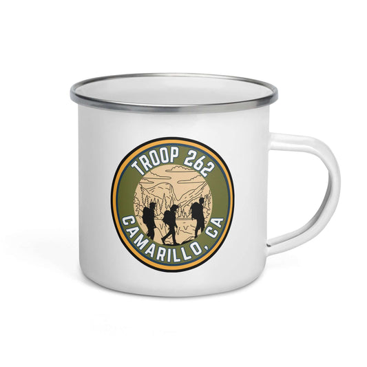 Enamel mug with ‘Troop 262 Camarillo, CA’ design, featuring a silver rim, lightweight and durable for camping.