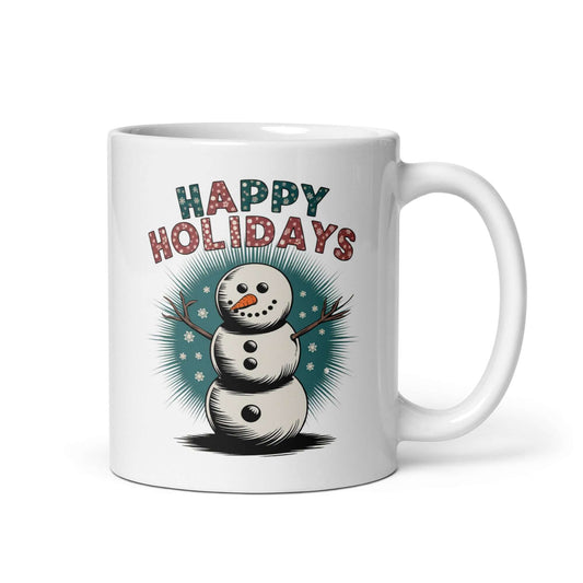 The Right side of Festive Snowman Holiday (11oz) Mug: Enjoy Warm Sips with 'Happy Holidays'