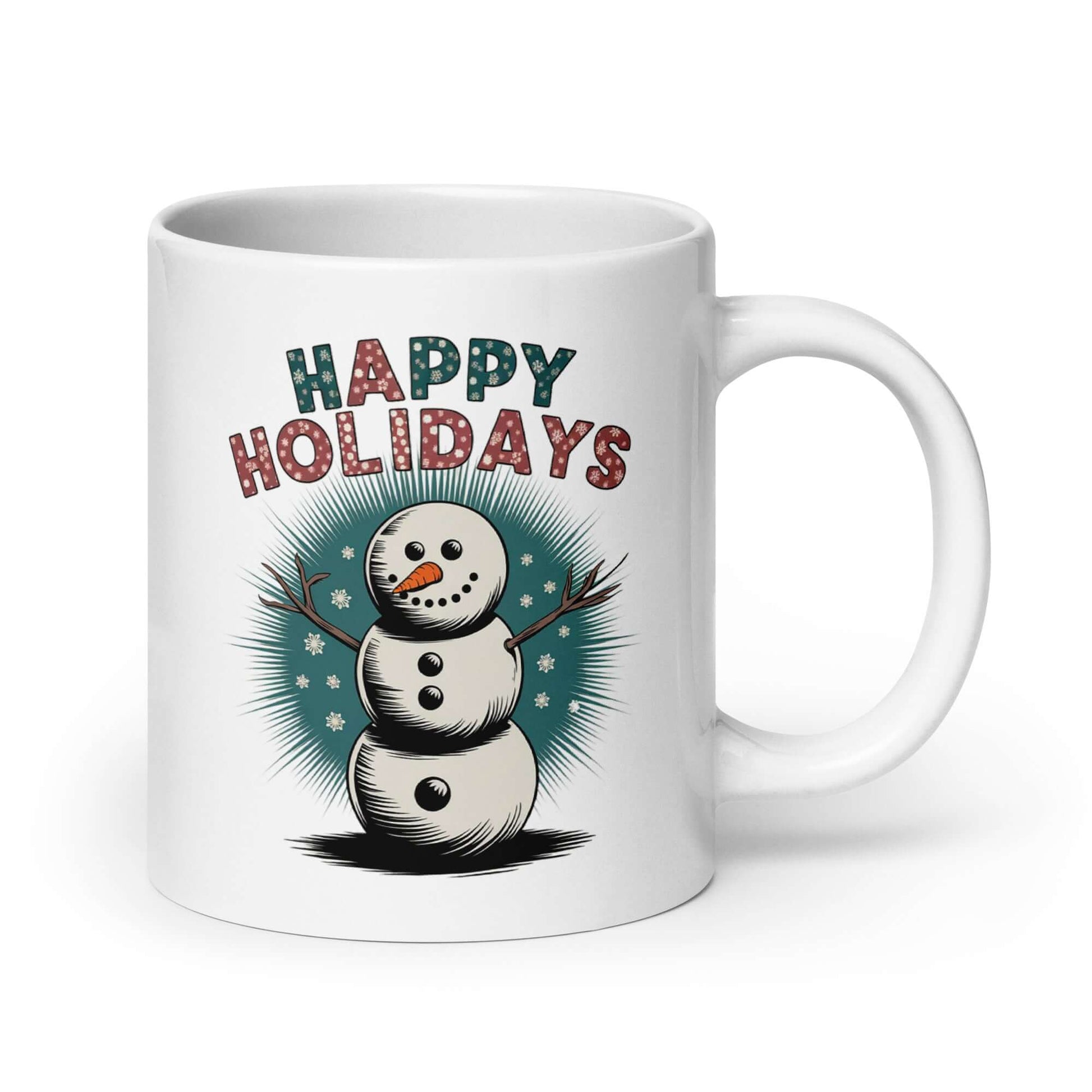 The Right side of Festive Snowman Holiday (20oz) Mug: Enjoy Warm Sips with 'Happy Holidays'