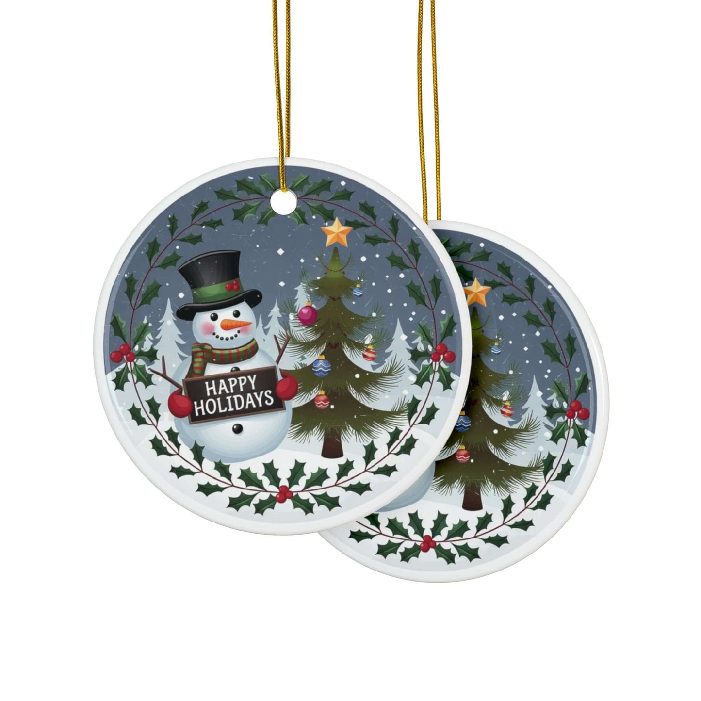 Festive two-sided ceramic ornaments featuring a snowman with "Happy Holidays" sign, Christmas tree, and colorful decorations.