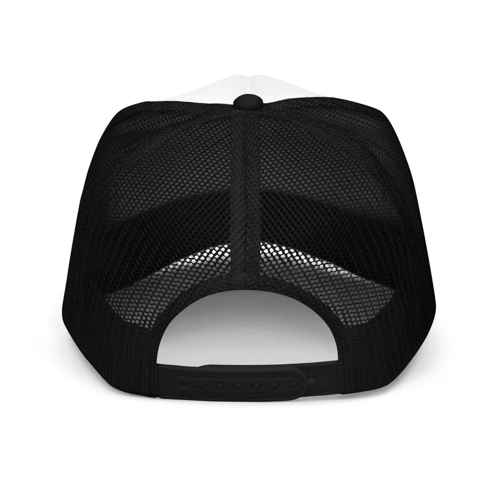 Black foam trucker hat rear view showing adjustable snap and breathable mesh back.