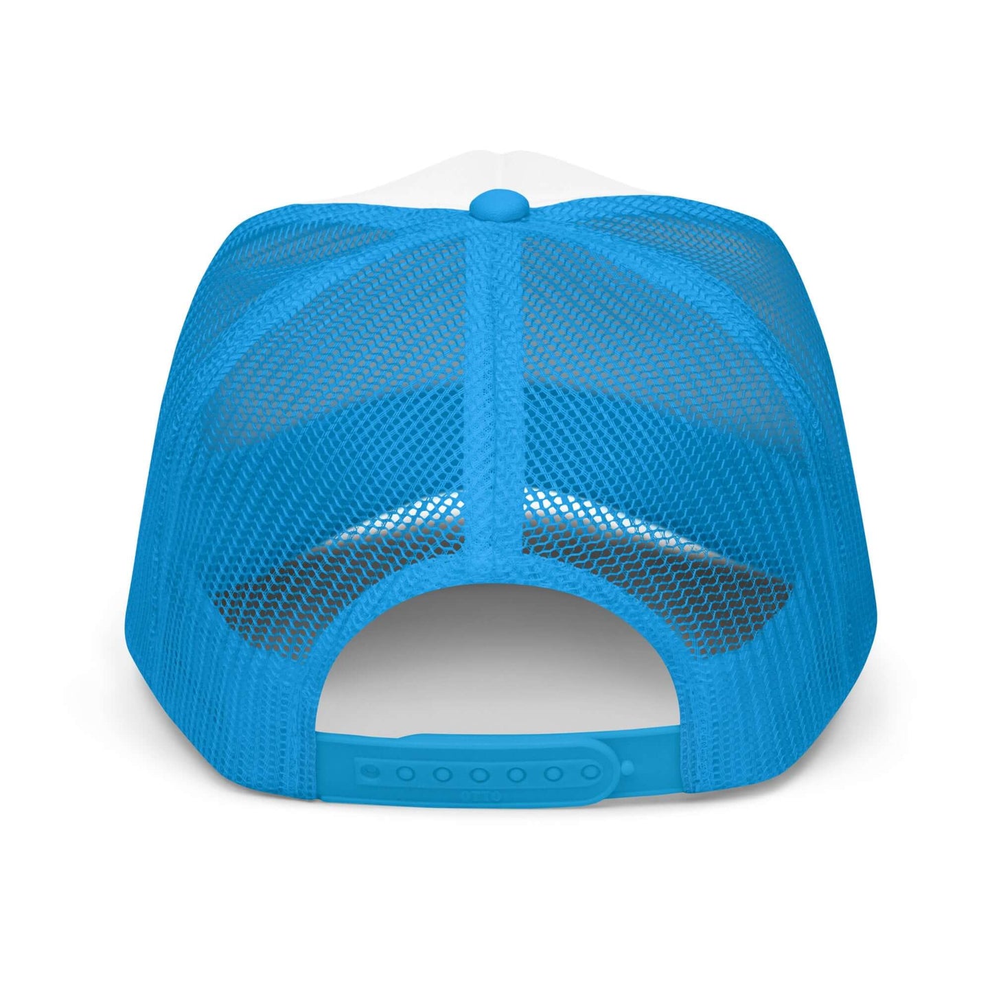 Blue foam trucker hat with mesh back and adjustable snap closure for breathable comfort and style.
