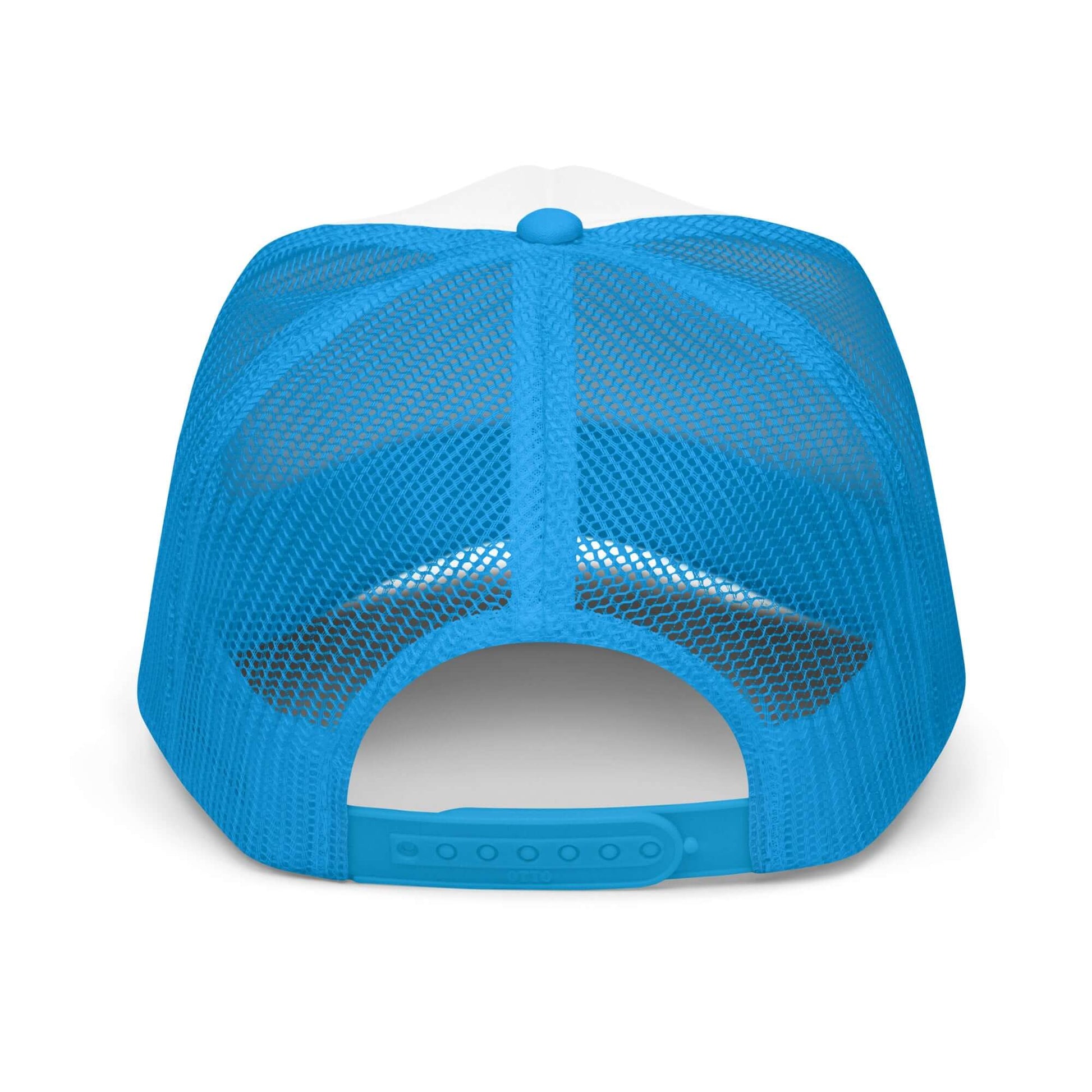 Blue foam trucker hat with mesh back and adjustable snap closure for breathable comfort and style.