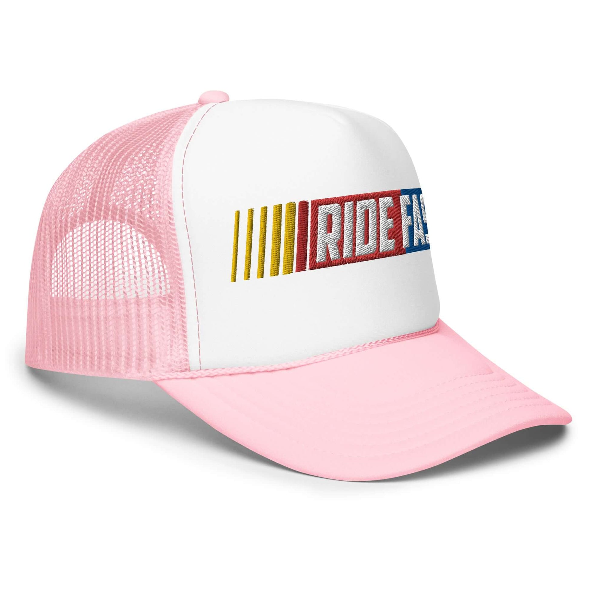 Pink foam trucker hat with "Ride Fast" design, mesh back, and adjustable snap for comfort and style.