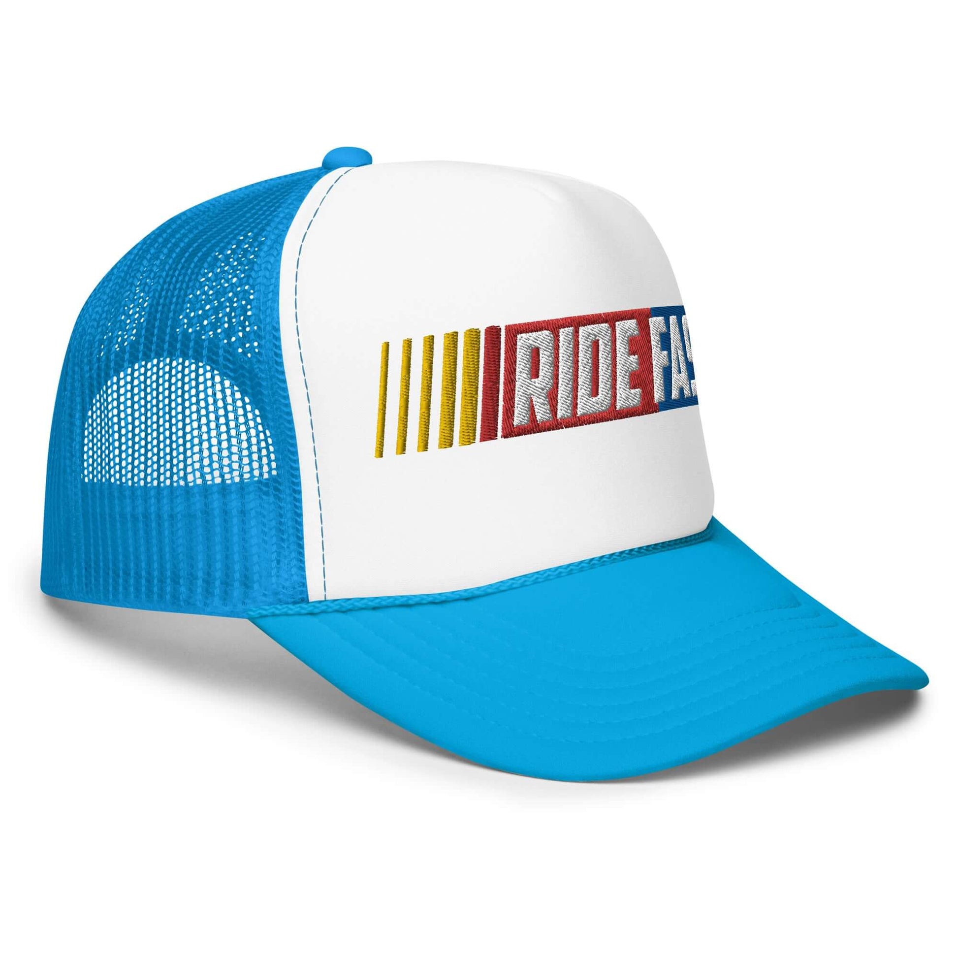 Blue foam trucker hat with "Ride Fast" logo, featuring mesh back and adjustable snap for comfort and breathability.