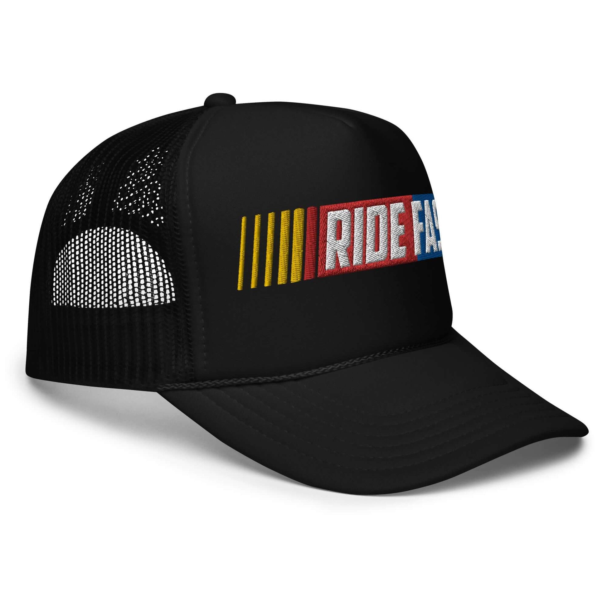 Black foam trucker hat with "Ride Fast" text, featuring mesh back and colorful embroidered design.